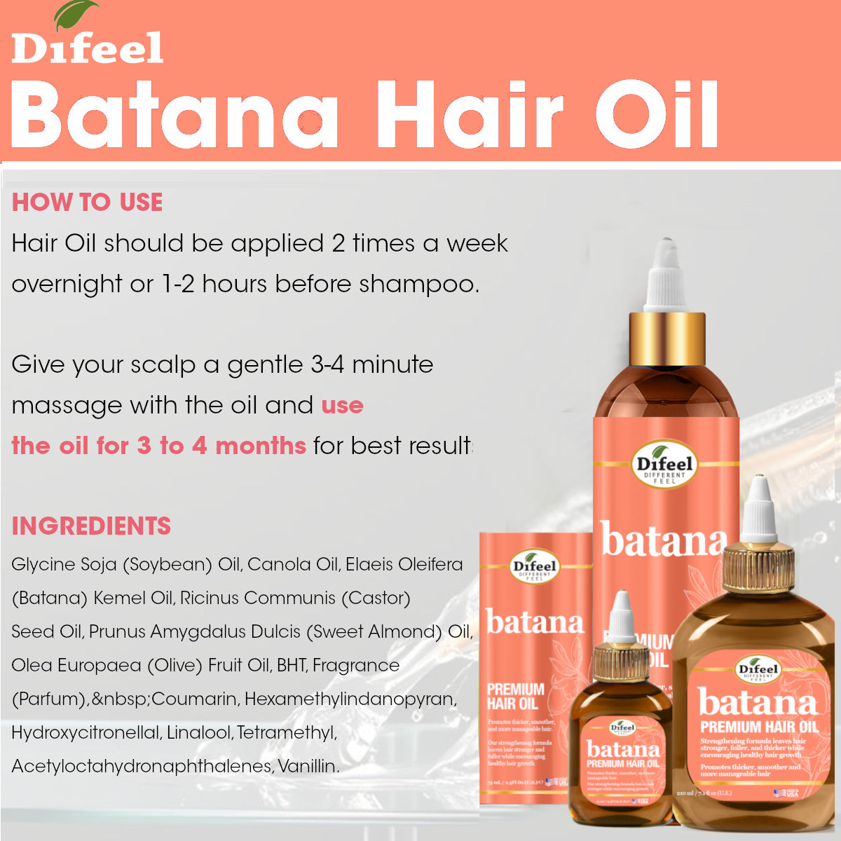 Difeel Batana Premium Hair Oil 2.5 Ounce (Travel Size)