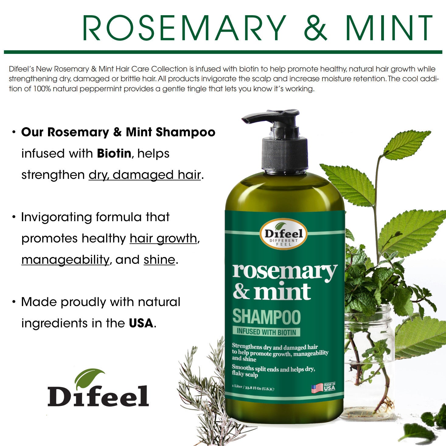 Difeel Rosemary and Mint Hair Strengthening Shampoo and Conditioner with Biotin 33.8 oz. 2-PC Hair Care Gift Set