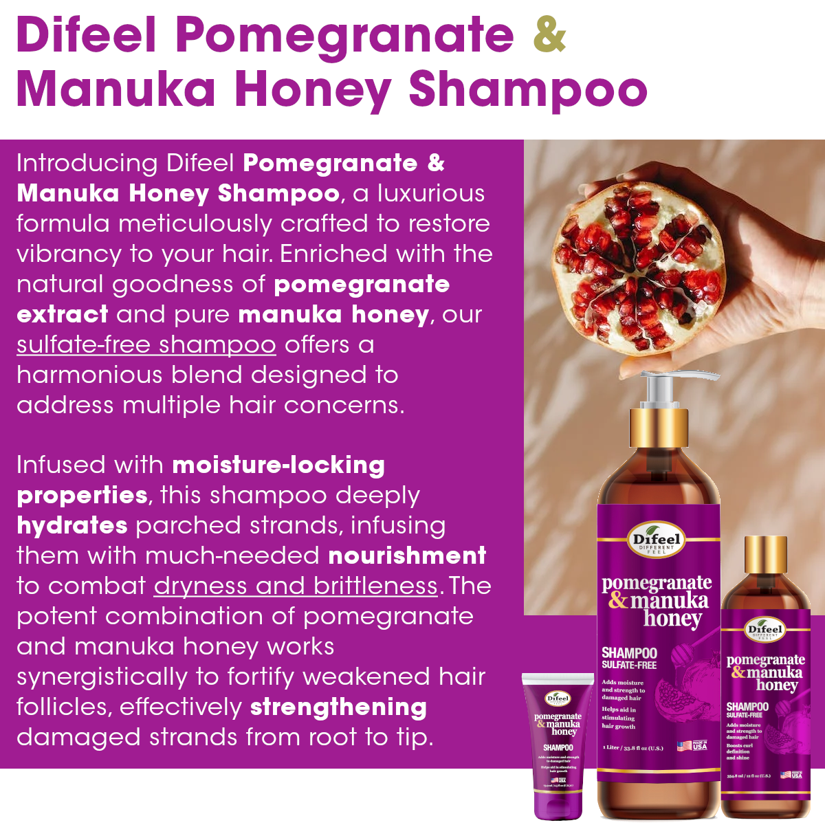 Difeel Pomegranate & Manuka Honey Shampoo - Travel Size 2.5 oz