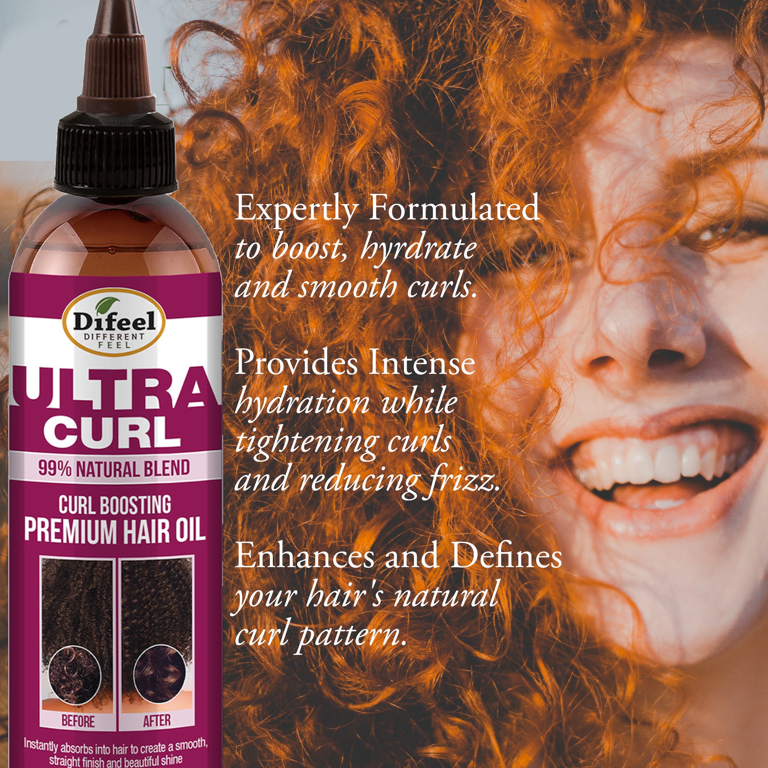 Difeel Ultra Curl 3-PC Curl Boosting Hair Care Set : Ultra Curl Shampoo 12 oz, Conditioner 12 oz. and Hair Oil 2.5 oz. Set