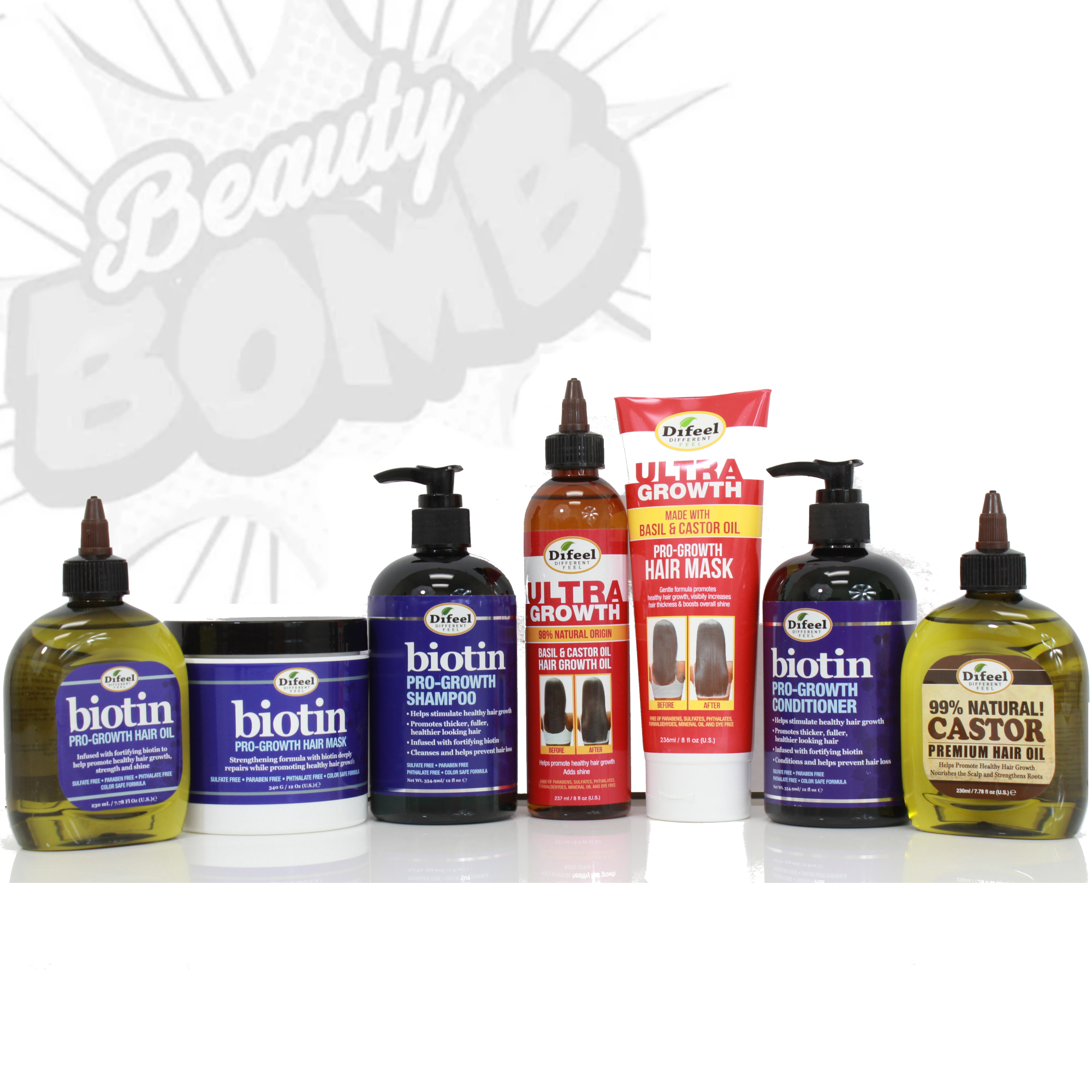 Difeel Biotin Ultra Growth Beauty Bomb for Hair Growth 7-Piece Shampoo, Conditioner and more collection