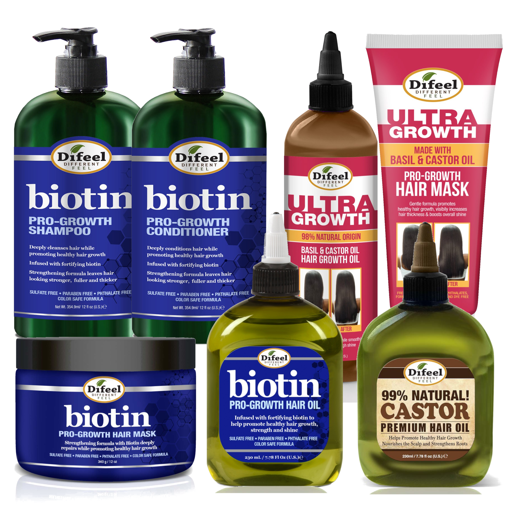 Difeel Biotin Ultra Growth Beauty Bomb for Hair Growth 7-Piece Shampoo, Conditioner and more collection