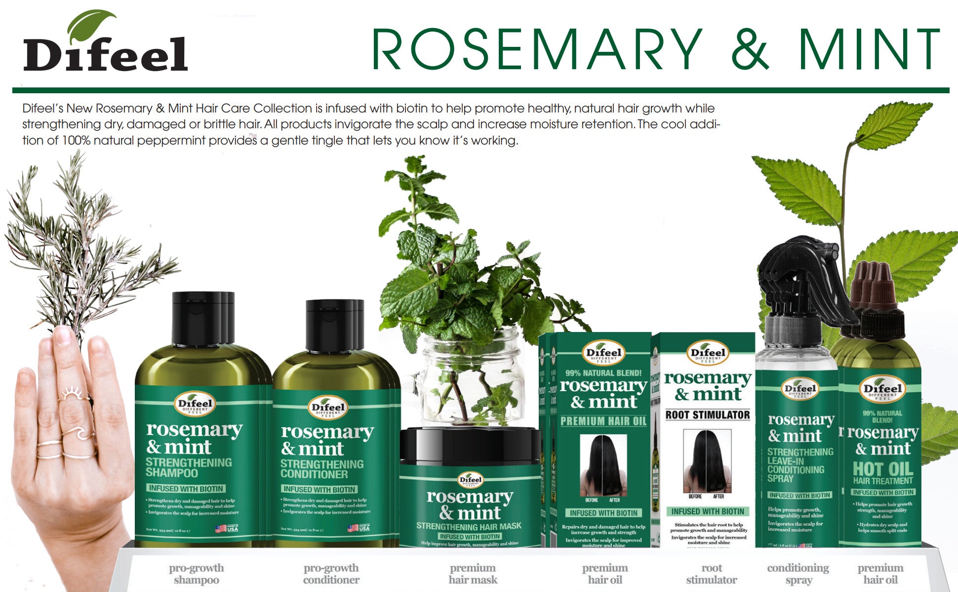 Difeel Rosemary and Mint Biotin Shampoo and Conditioner 4-PC Boxed Gift Set (Shampoo, Conditioner, Mask, Hair Oil)