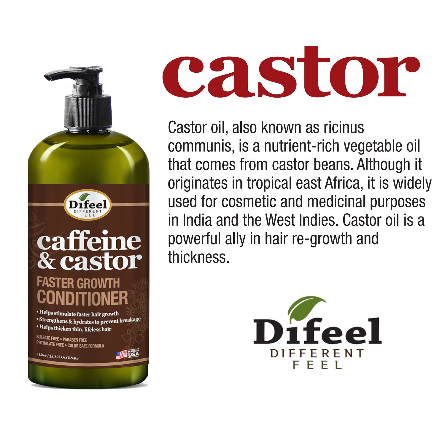 Difeel Caffeine & Castor Conditioner for Faster Hair Growth 33.8 oz.