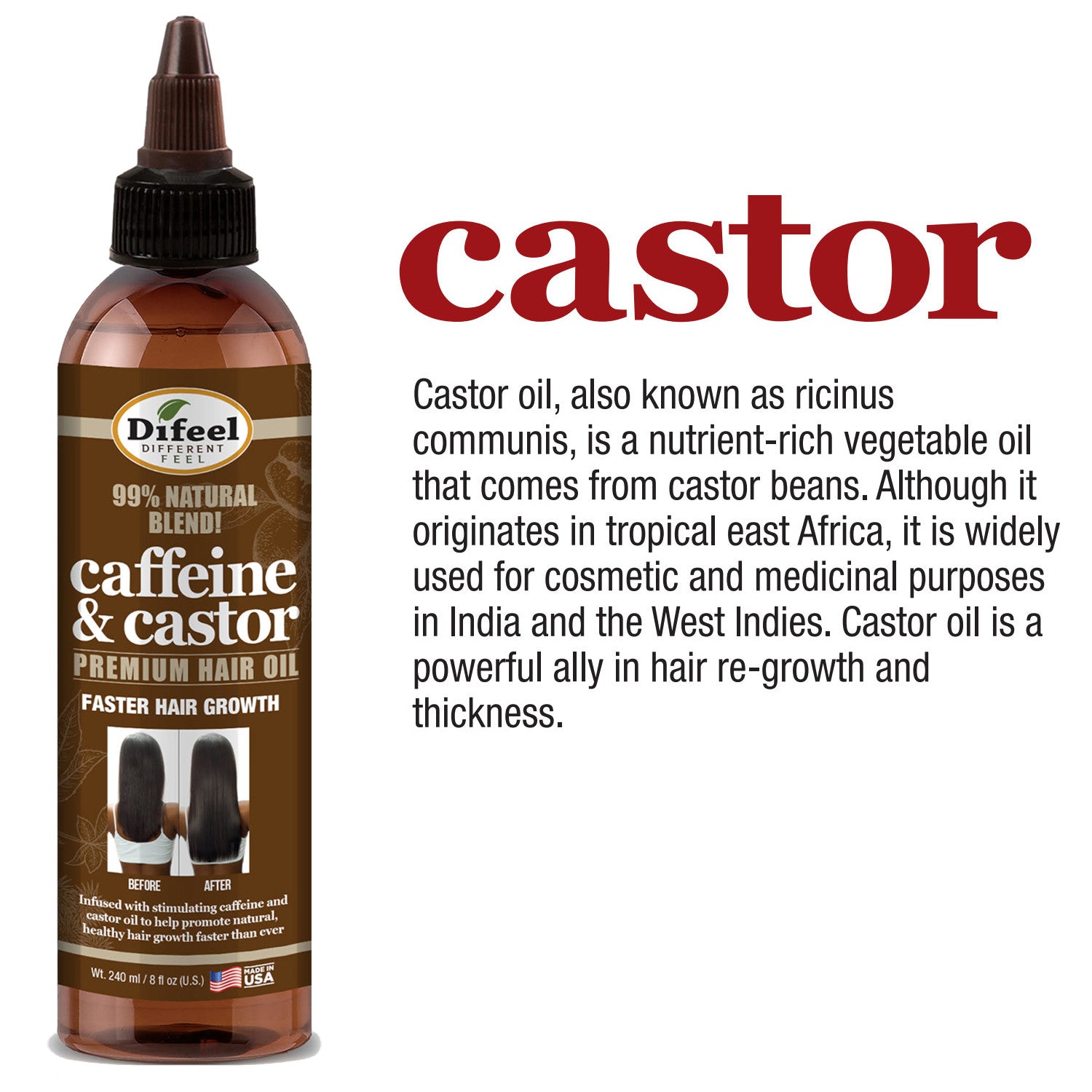 Difeel 99% Premium Natural Hair Oil Blend- Caffeine & Castor Faster Hair Growth Hair Oil 8 oz.