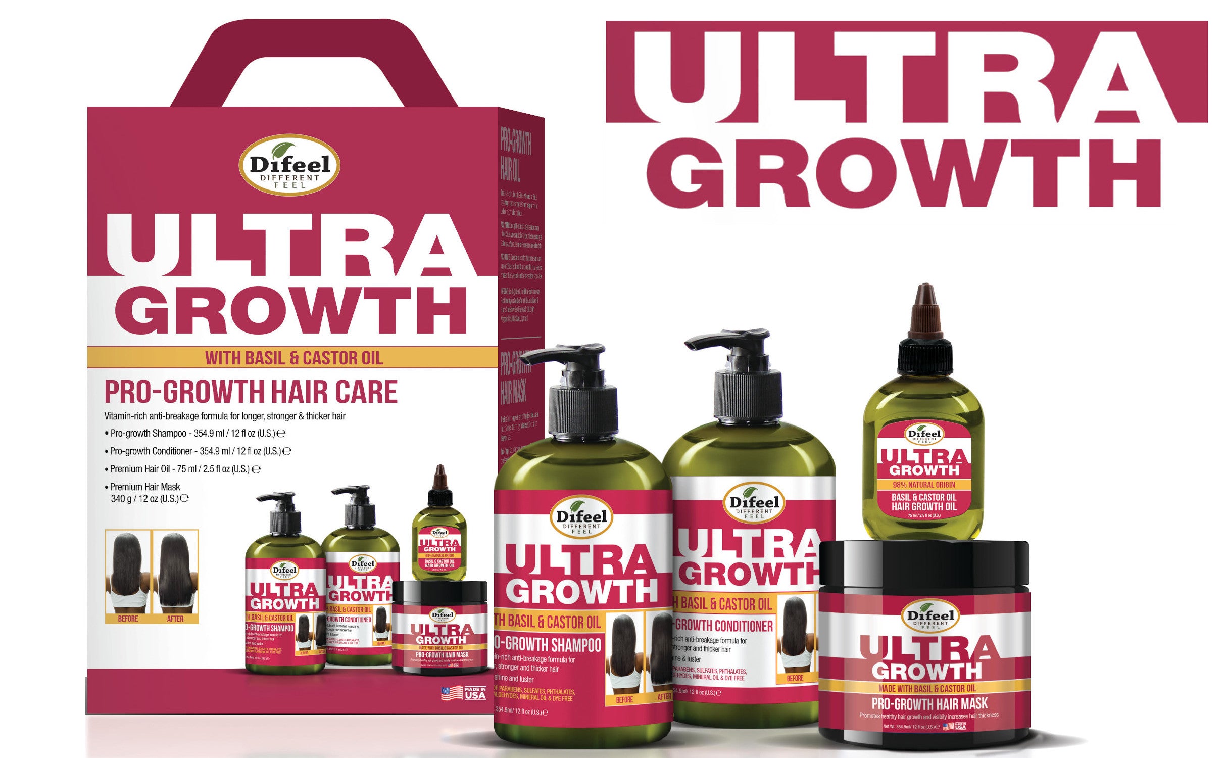 Difeel Ultra Growth with Basil & Castor Oil 4-PC Hair Care Gift Set - Includes Shampoo 12 oz. , Conditioner 12 oz. , Hair Oil 2.5oz and Hair Mask 12 oz. .