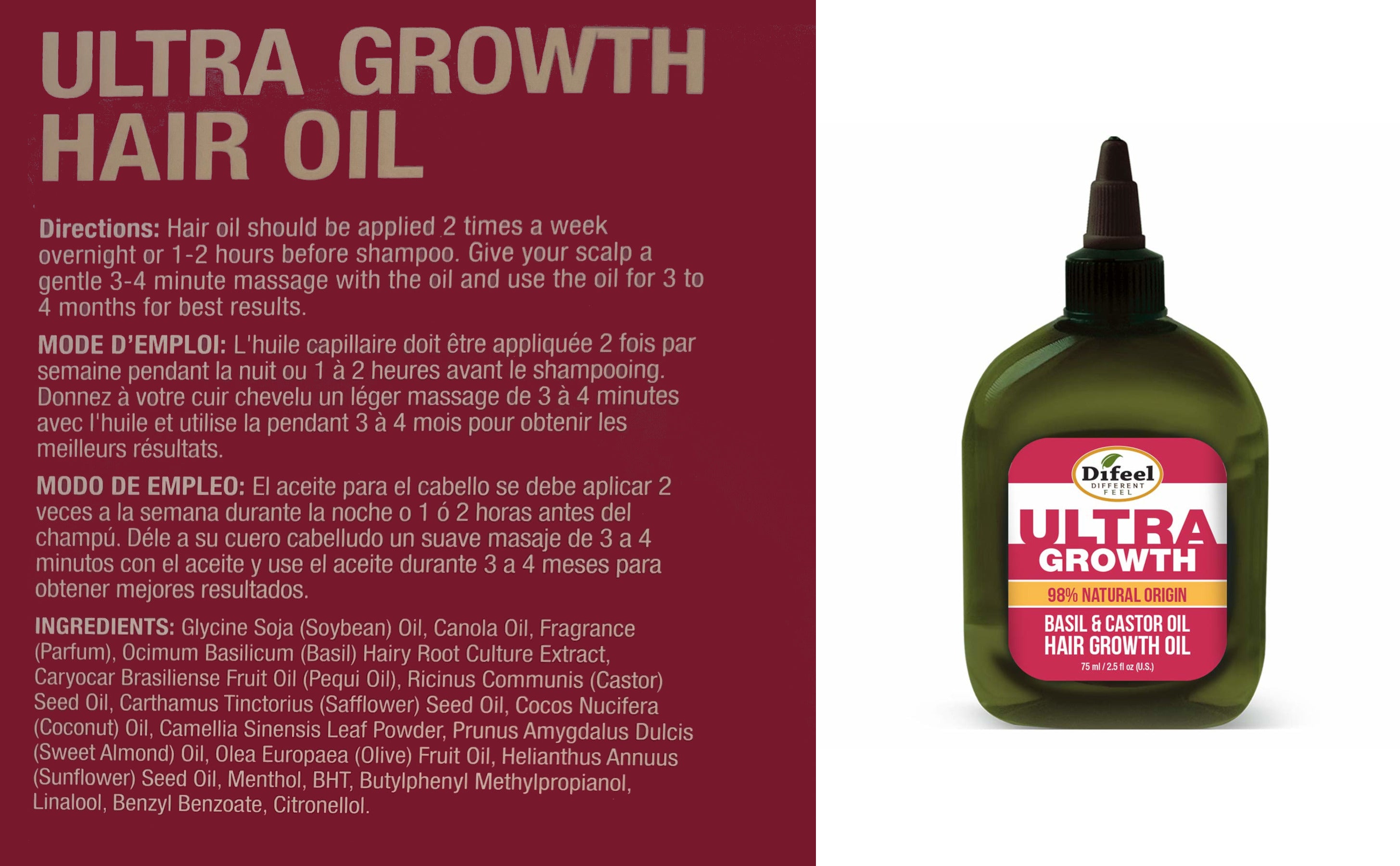 Difeel Ultra Growth with Basil & Castor Oil 4-PC Hair Care Gift Set - Includes Shampoo 12 oz. , Conditioner 12 oz. , Hair Oil 2.5oz and Hair Mask 12 oz. .
