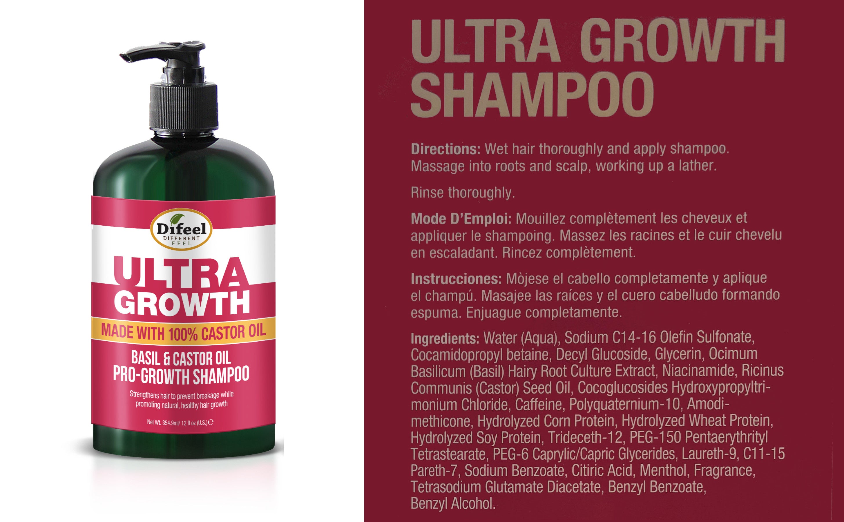 Difeel Ultra Growth with Basil & Castor Oil 4-PC Hair Care Gift Set - Includes Shampoo 12 oz. , Conditioner 12 oz. , Hair Oil 2.5oz and Hair Mask 12 oz. .