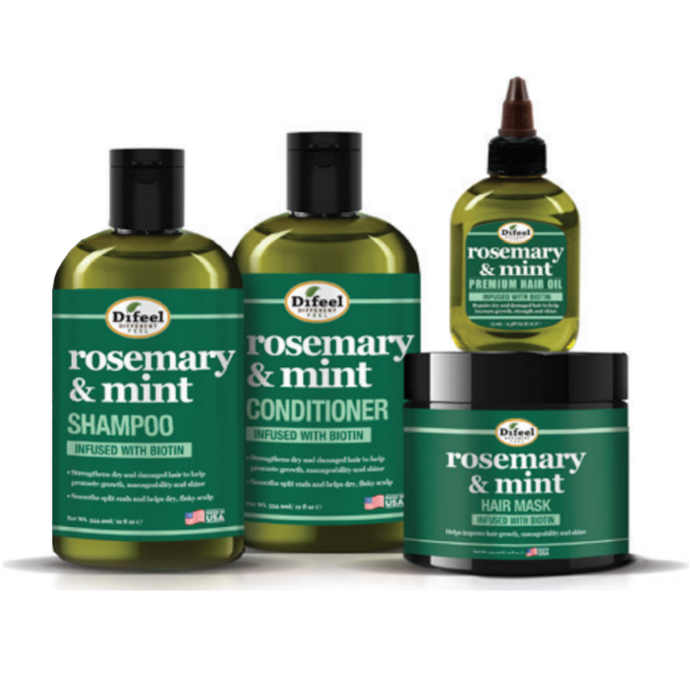 Difeel Rosemary and Mint Biotin Shampoo and Conditioner 4-PC Boxed Gift Set (Shampoo, Conditioner, Mask, Hair Oil)