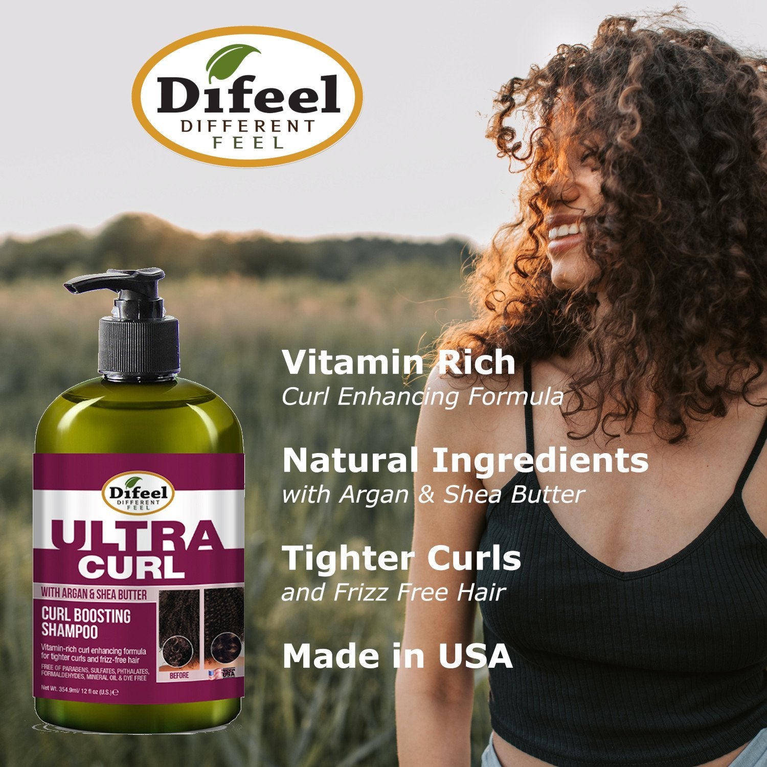 Difeel Ultra Curl 3-PC Curl Boosting Hair Care Set : Ultra Curl Shampoo 12 oz, Conditioner 12 oz. and Hair Oil 2.5 oz. Set