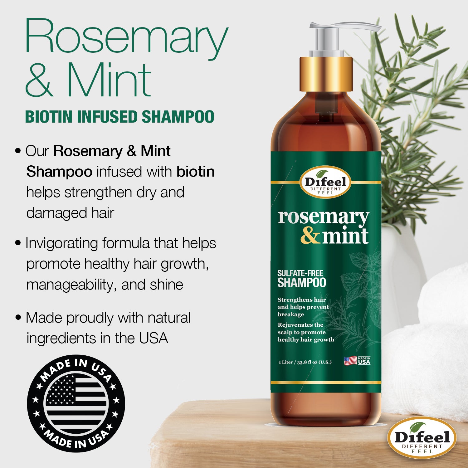 Difeel Rosemary and Mint Hair Strengthening Shampoo with Biotin 33.8 oz.