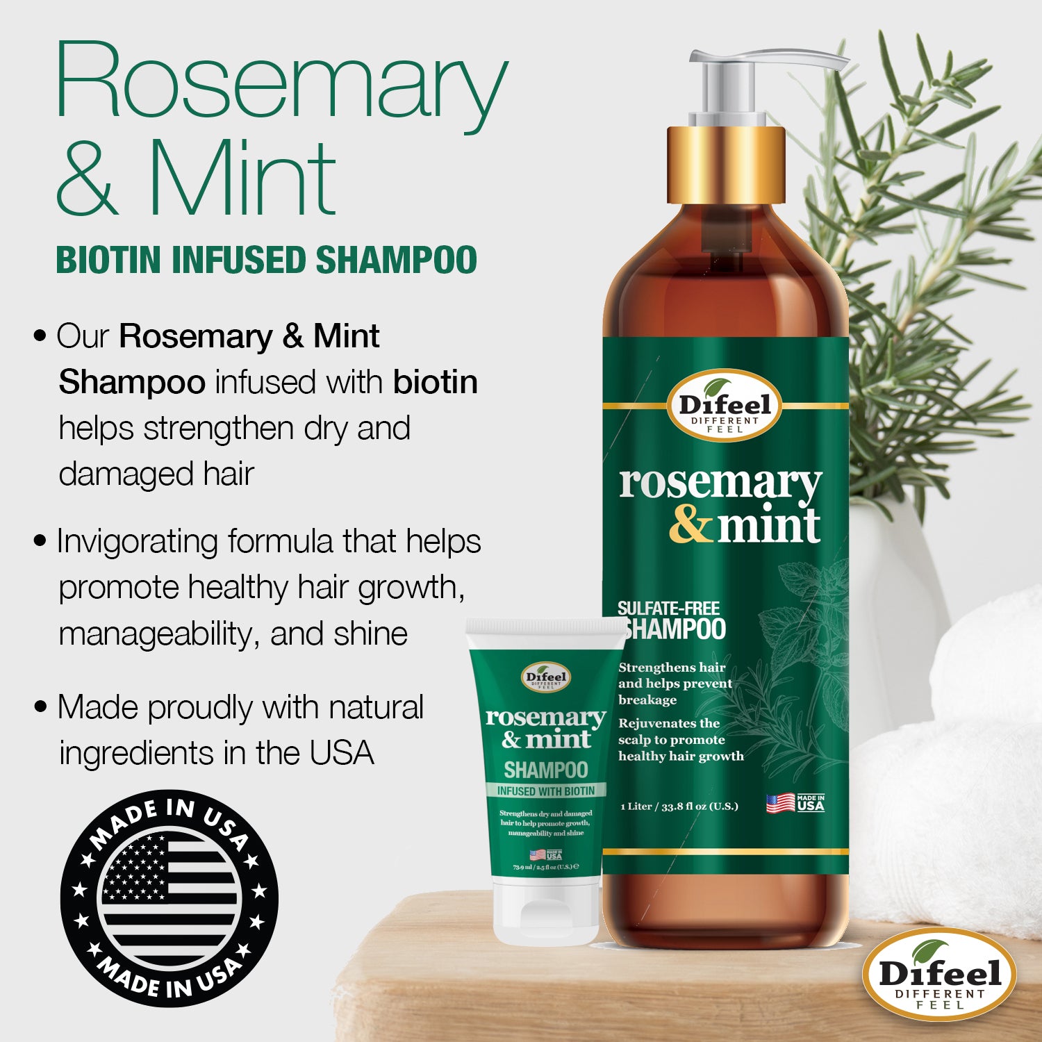 Difeel Rosemary and Mint Hair Shampoo with Biotin - Travel Size 2.5 Ounce