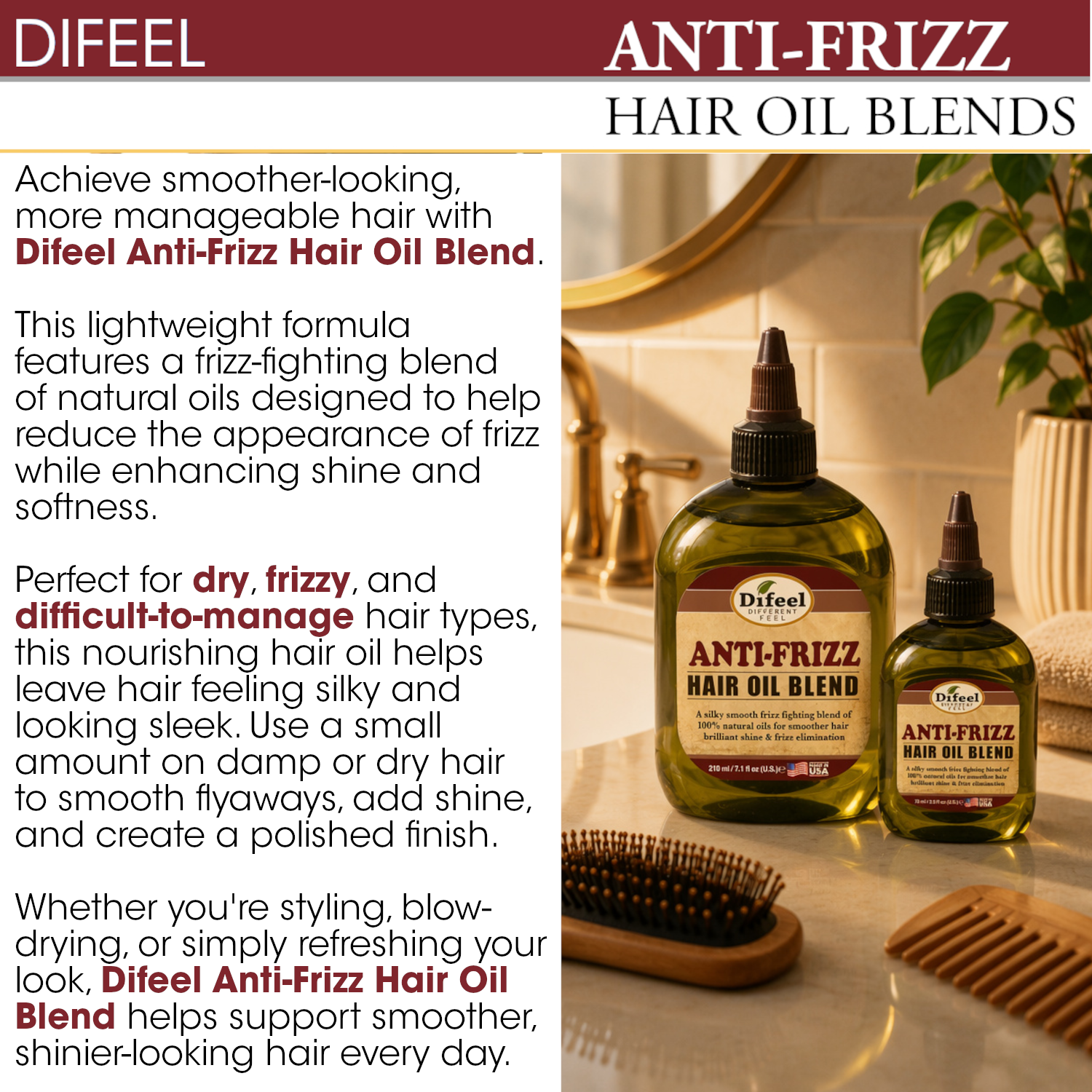 Difeel Anti-frizz Hair Oil Blend - Travel Size 2.5 oz.