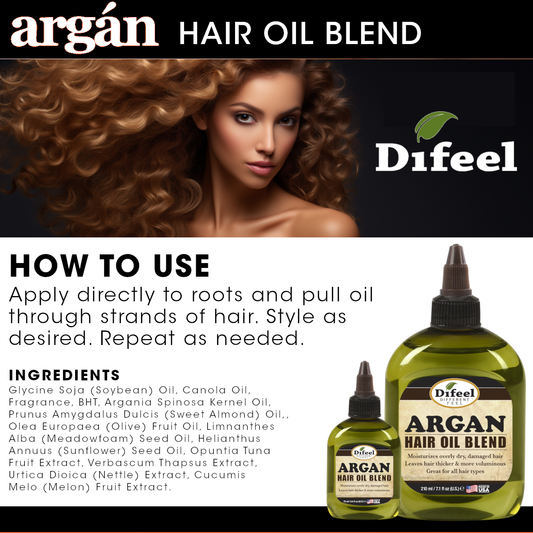 Difeel Premium Natural Hair Oil - Argan Oil 7.1 oz. (PACK OF 4)
