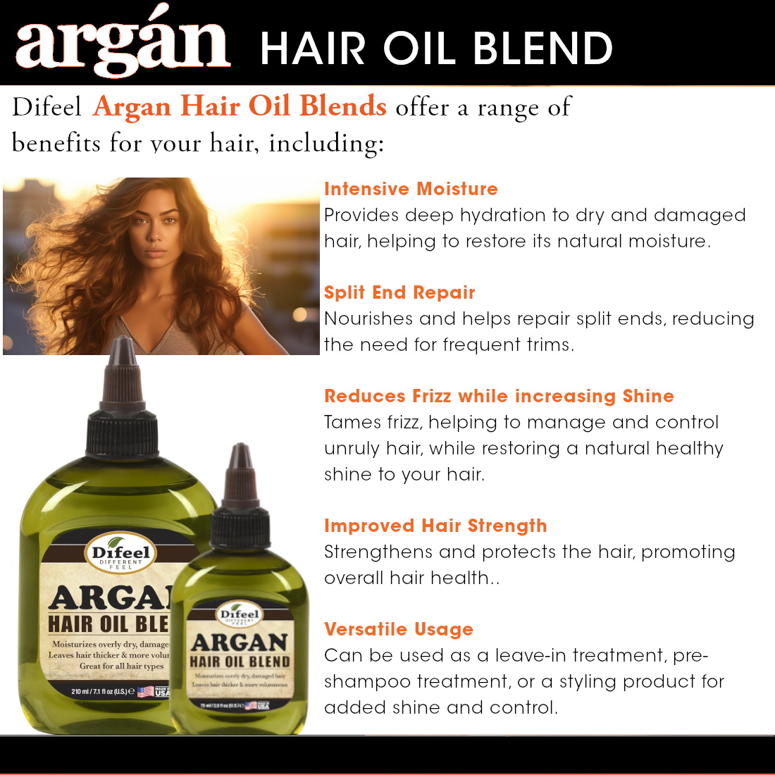 Difeel Premium Natural Hair Oil - Argan Oil 2.5 oz. (PACK OF 2)