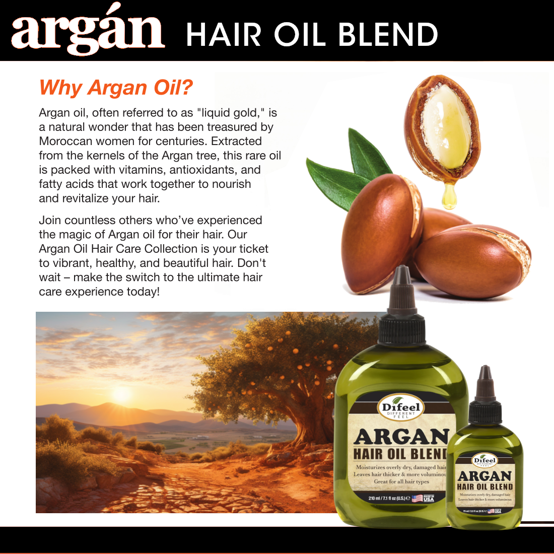 Difeel Premium Natural Hair Oil - Argan Oil 7.1 oz. (PACK OF 4)