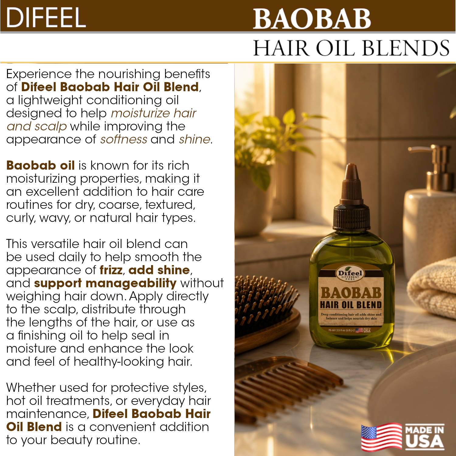 Difeel Baobab Hair Oil Blend - Travel Size 2.5 oz.