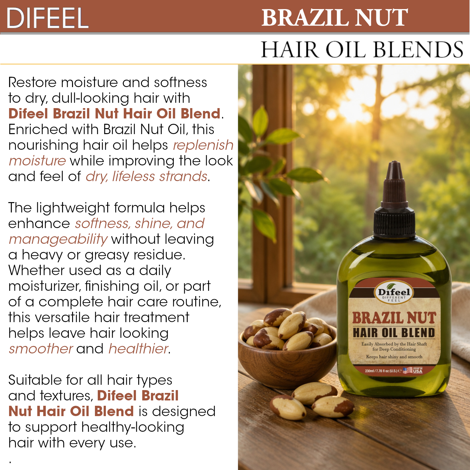 Difeel Premium Natural Hair Oil - Brazil Nut Oil 2.5 oz. (PACK OF 2)