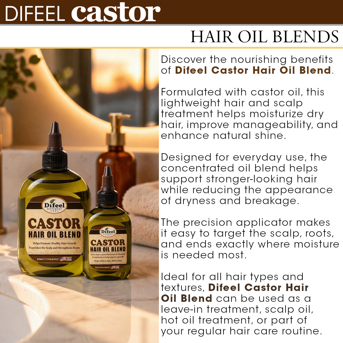 Difeel Premium Natural Hair Oil - Castor Hair Oil 2.5 oz. (PACK OF 2)