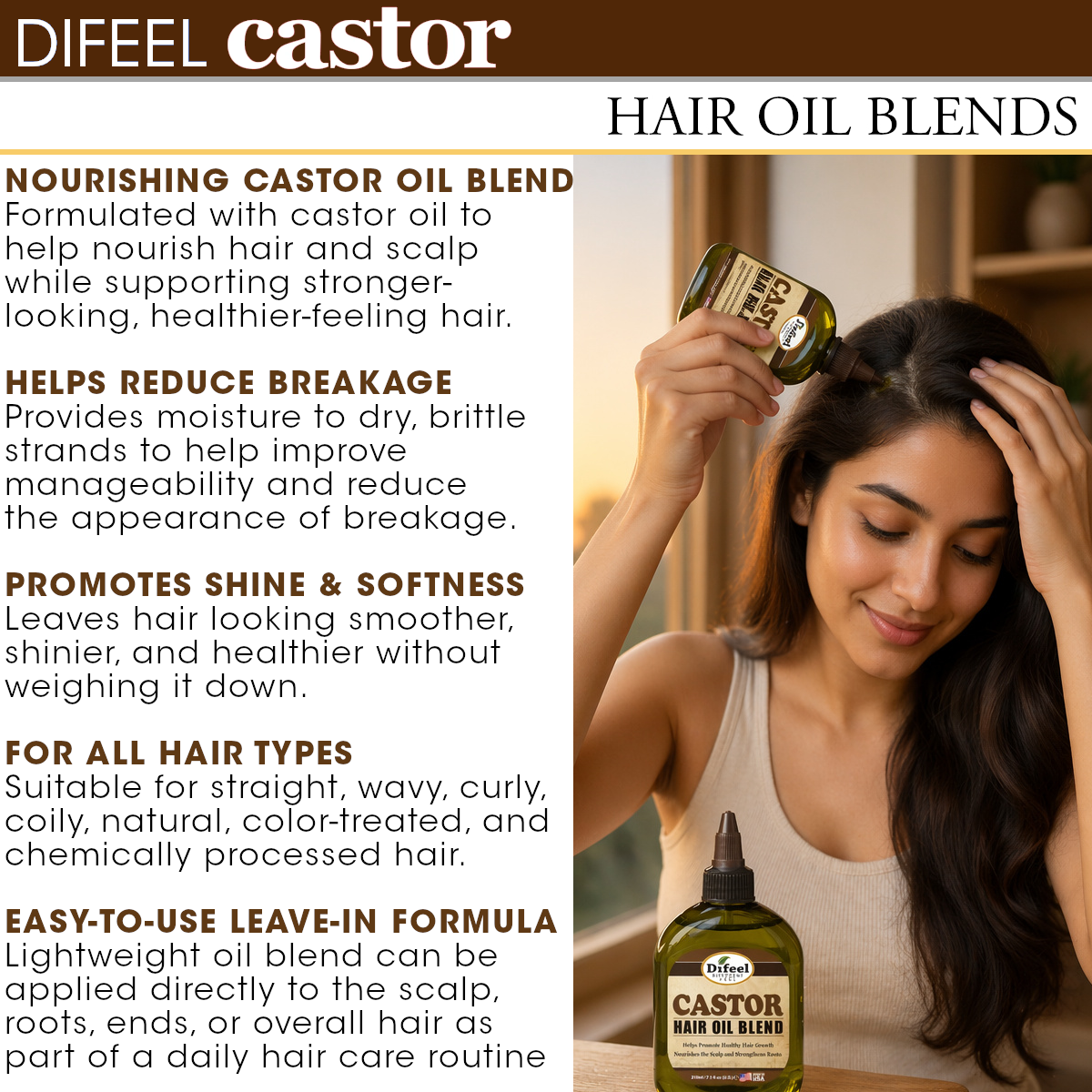 Difeel Premium Natural Hair Oil - Castor Hair Oil 2.5 oz. (PACK OF 2)