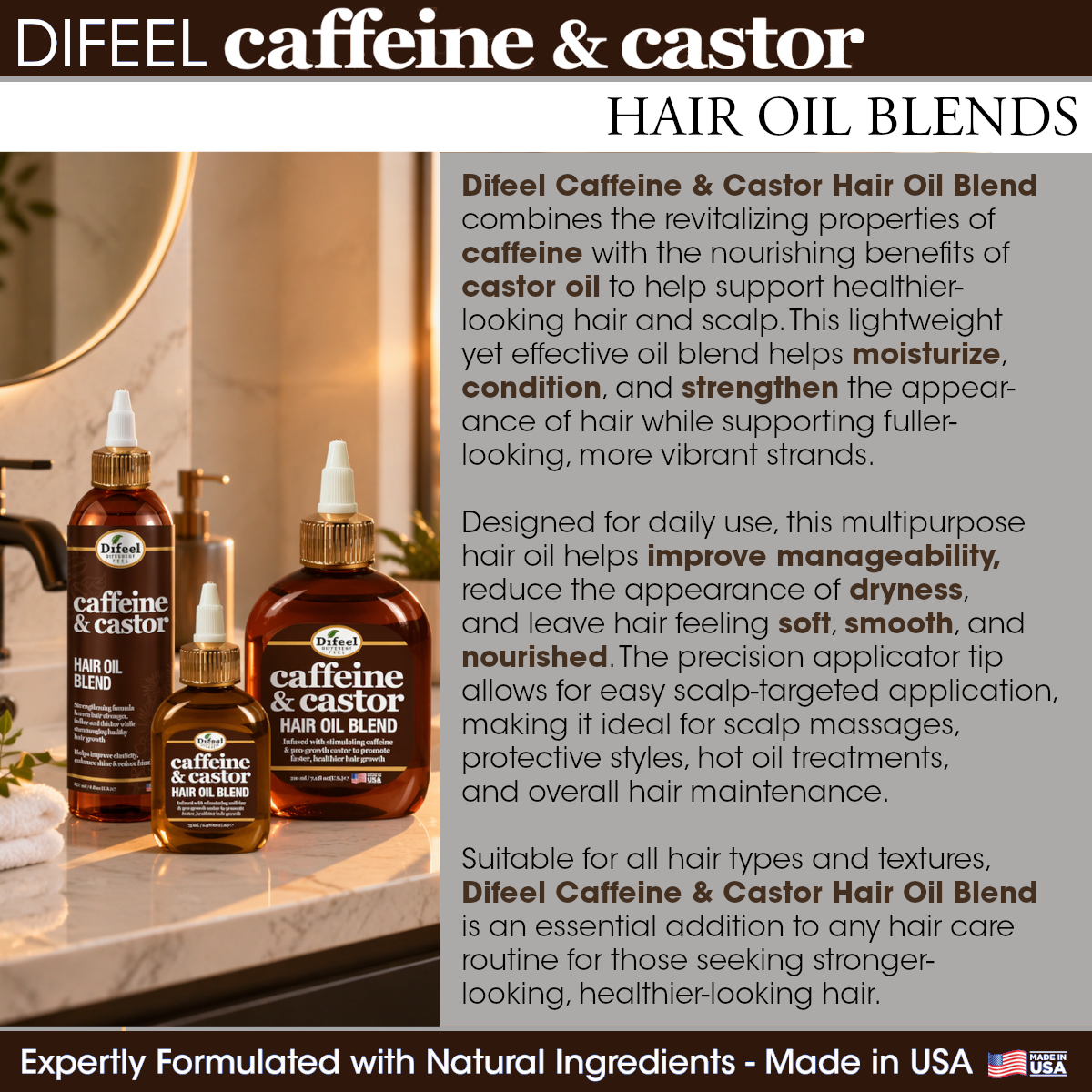Difeel Caffeine & Castor Hair Oil Blend 7.1 Ounce - Deluxe 2-PC Gift Set