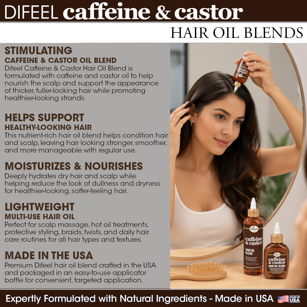 Difeel Caffeine & Castor Hair Oil Blend 7.1 Ounce - Deluxe 2-PC Gift Set