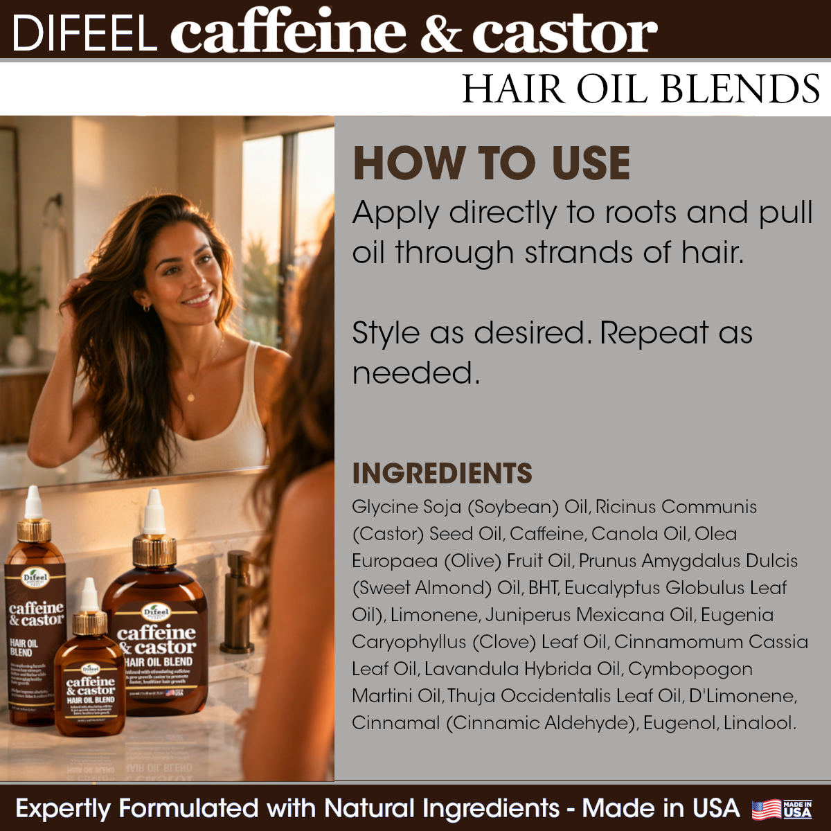 Difeel Caffeine & Castor Hair Oil Blend 7.1 Ounce - Deluxe 2-PC Gift Set