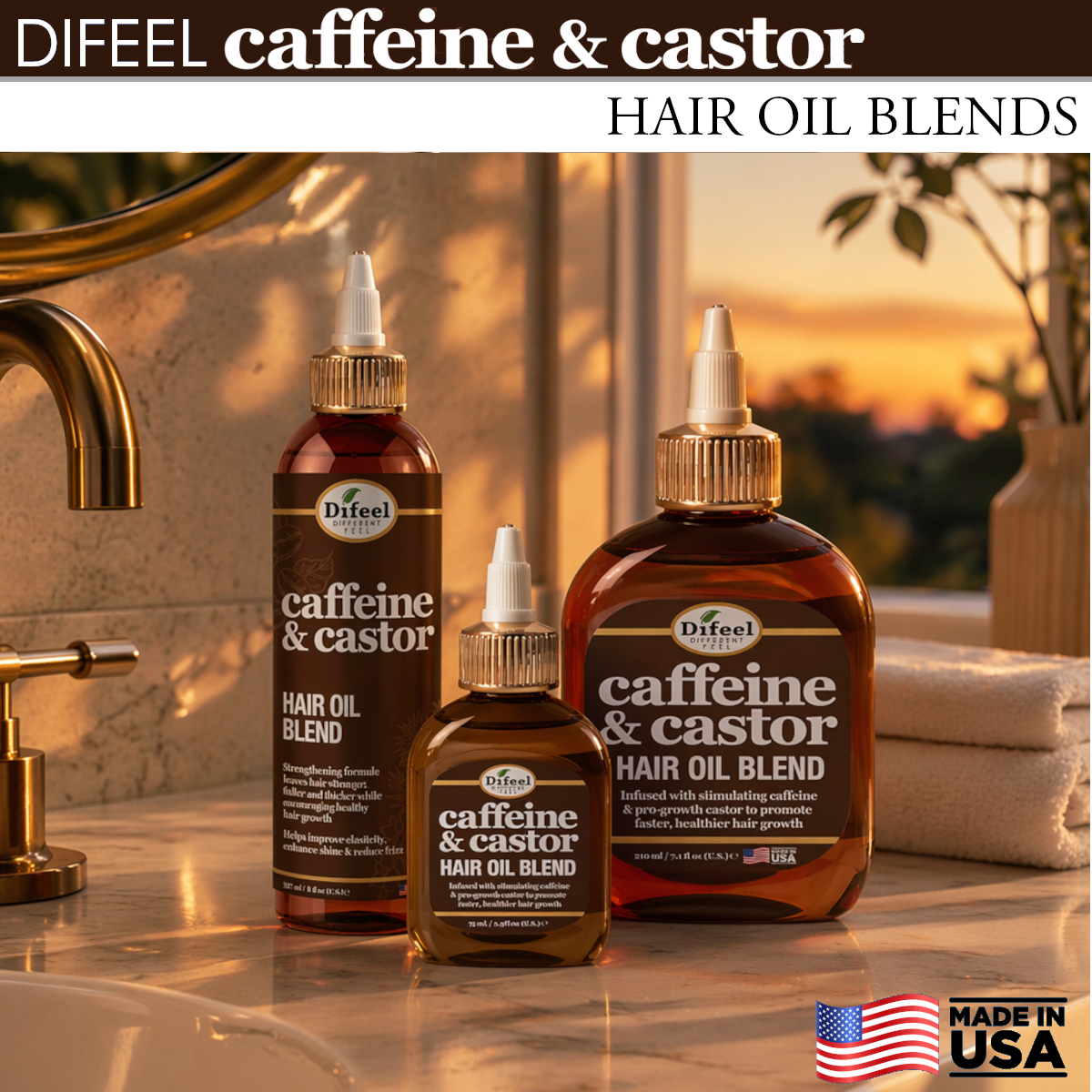 Difeel Caffeine & Castor Hair Oil Blend 7.1 Ounce - Deluxe 2-PC Gift Set