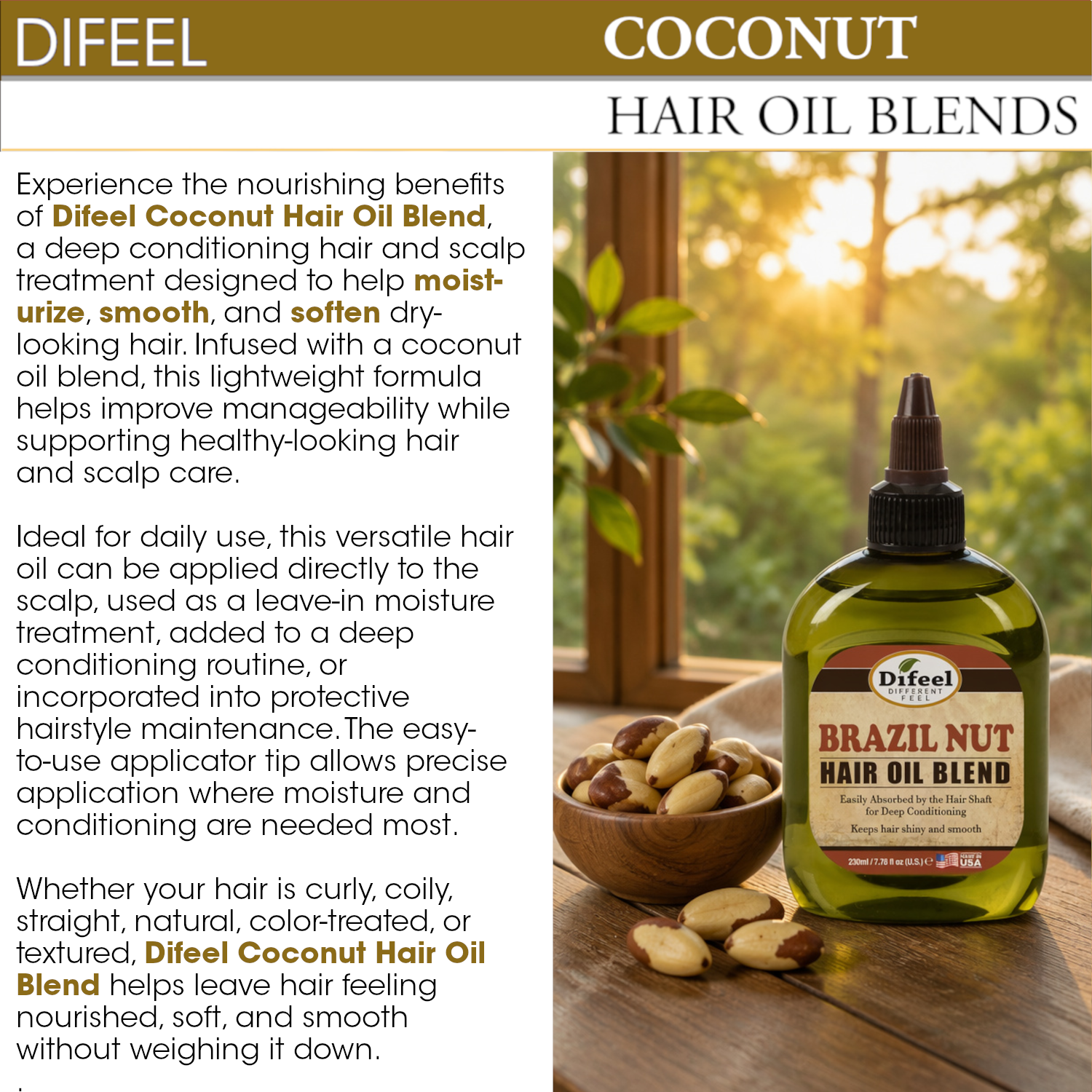 Difeel Premium Natural Hair Oil - Coconut Oil 2.5 oz. (PACK OF 2)