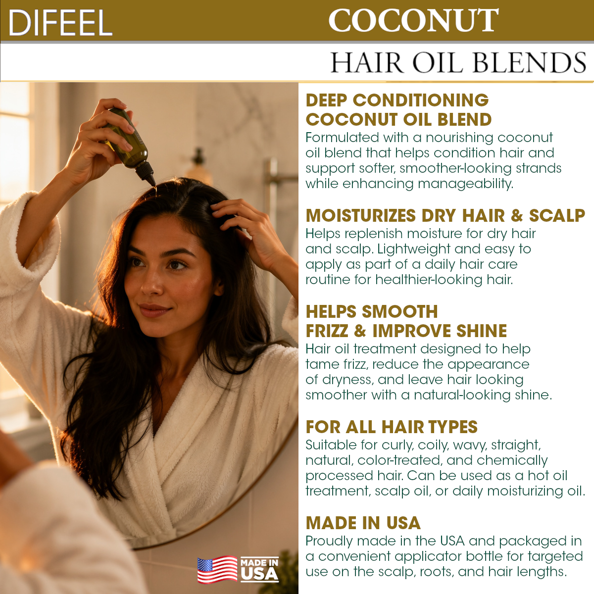 Difeel Premium Natural Hair Oil - Coconut Oil 2.5 oz. (PACK OF 2)
