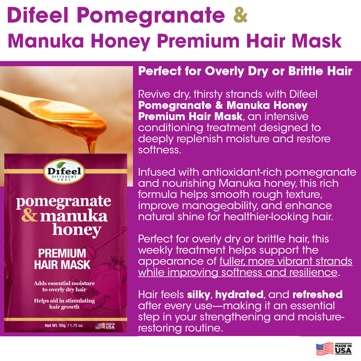 Difeel Pomegranate & Manuka Honey Premium Hair Mask Packet 1.75 oz.