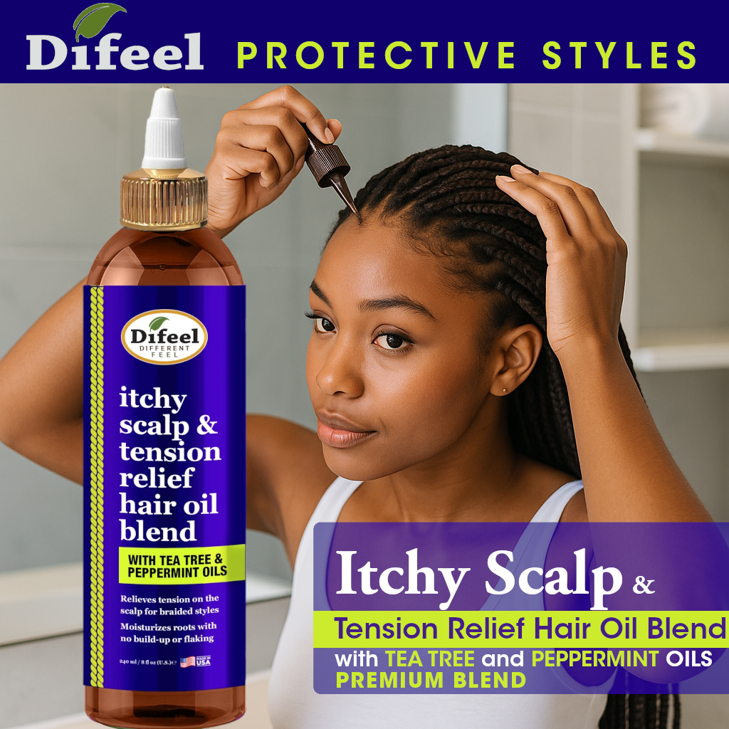 Difeel Itchy Scalp & Tension Relief Hair Oil Blend with Tea Tree & Peppermint Oils for Braided Styles 8 oz.