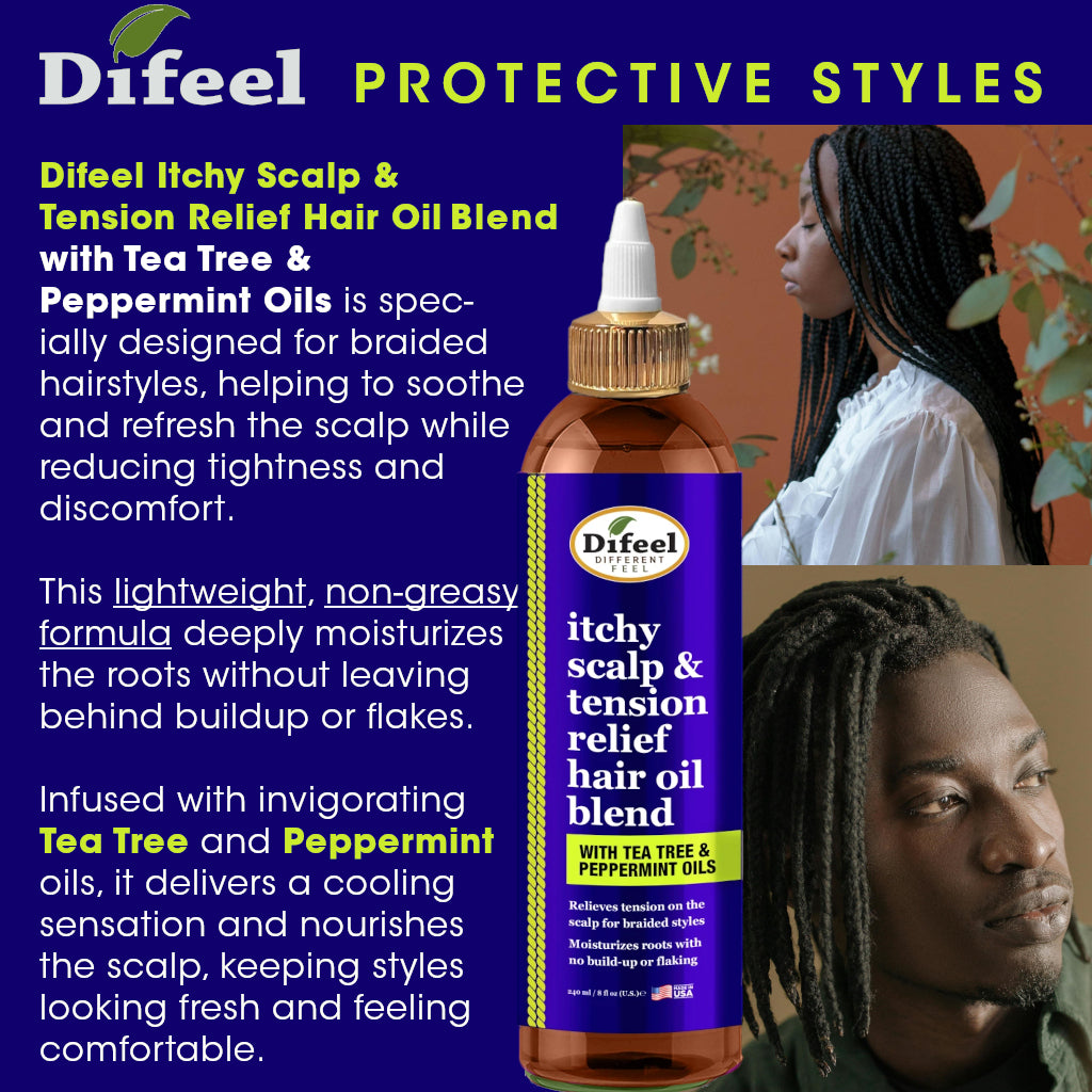 Difeel Itchy Scalp & Tension Relief Hair Oil Blend with Tea Tree & Peppermint Oils for Braided Styles 8 oz.
