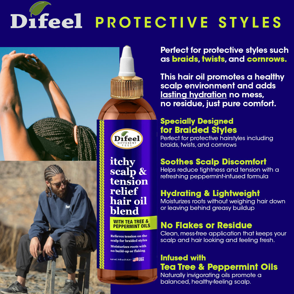 Difeel Itchy Scalp & Tension Relief Hair Oil Blend with Tea Tree & Peppermint Oils for Braided Styles 8 oz.
