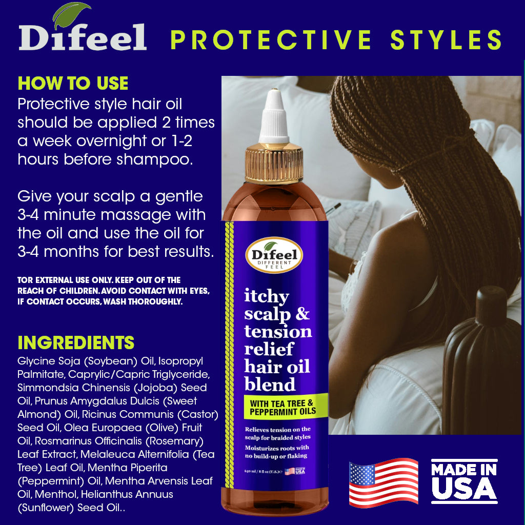 Difeel Itchy Scalp & Tension Relief Hair Oil Blend with Tea Tree & Peppermint Oils for Braided Styles 8 oz.