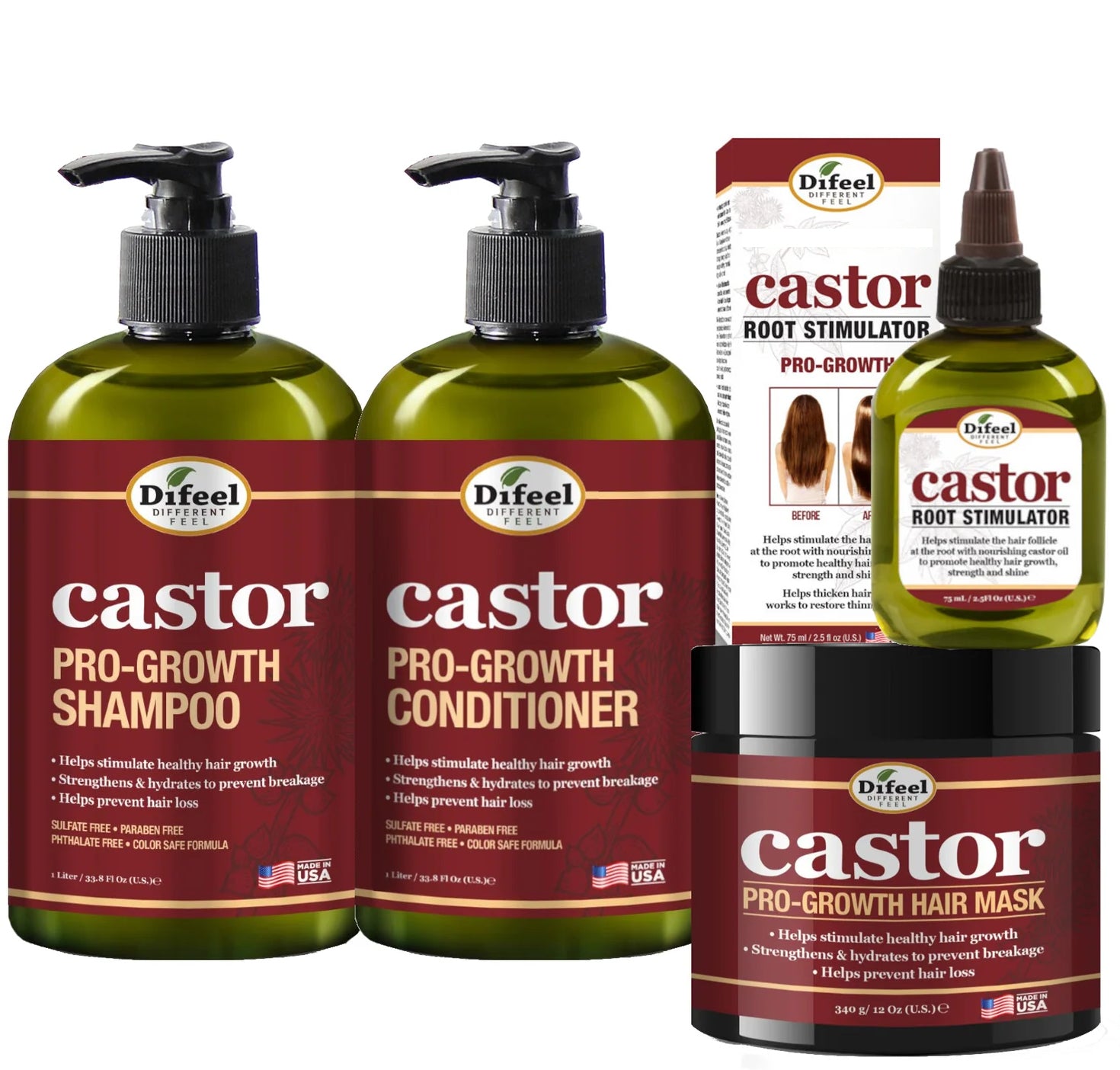 Difeel 4-PC Castor Pro-Growth Hair Growth: Cleansing & Growth Set - Includes 12 oz. Shampoo, 12 oz.  Conditioner, 12 oz.  Hair Mask & 2.5oz Root Stimulator
