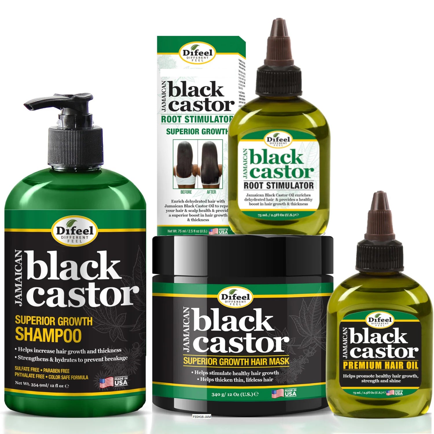 Difeel Superior Growth Jamaican Black Castor 4-PC Hair Treatment Set - Includes 12 oz. Shampoo, 12 oz. Hair Mask , 2.5 oz. Root Stimulator & 2.5 oz. Hair Oil