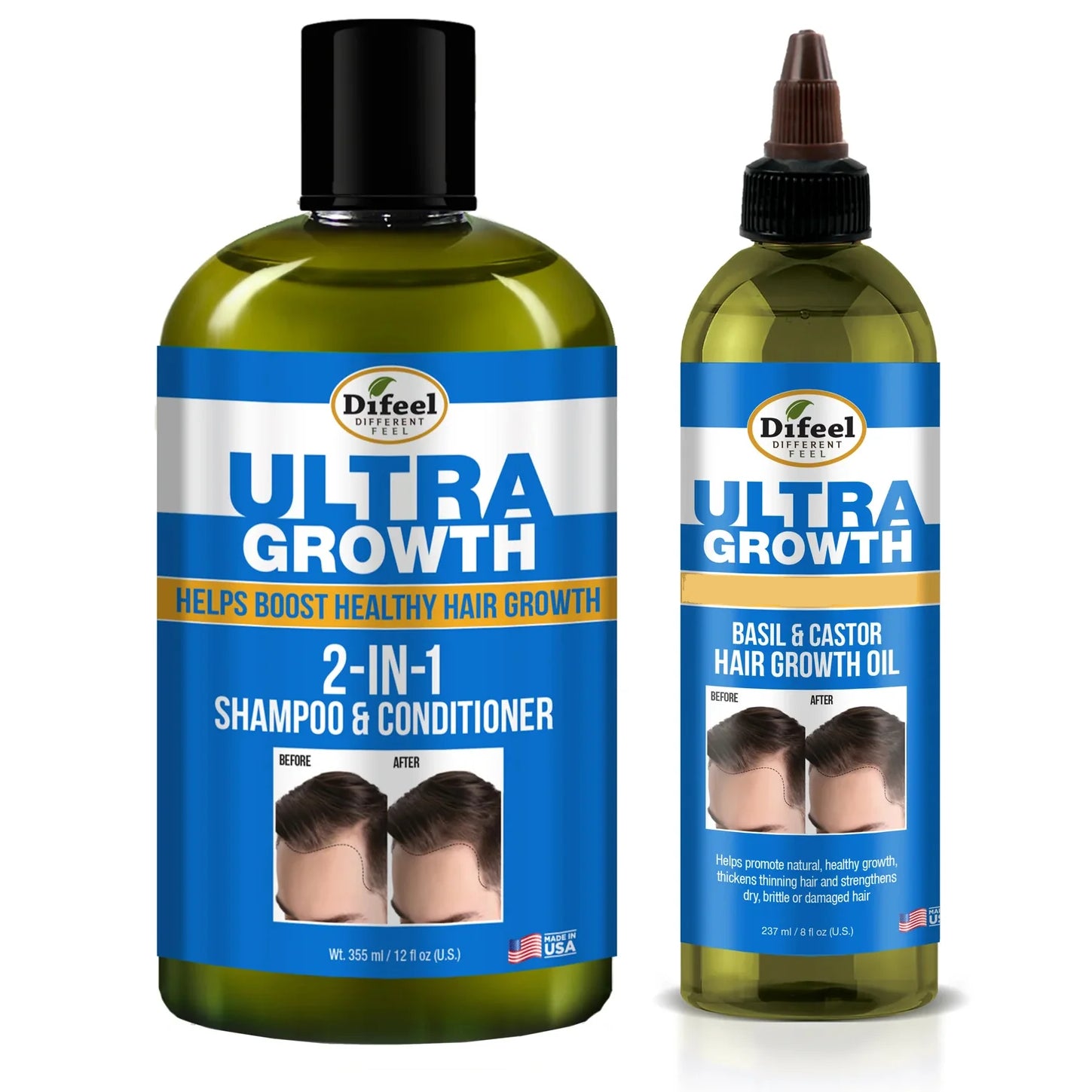 Difeel Mens Ultra Growth 2-in-1 Basil & Castor Oil Shampoo & Conditioner 12 oz. with Hair Oil 8oz. (2-PC SET)