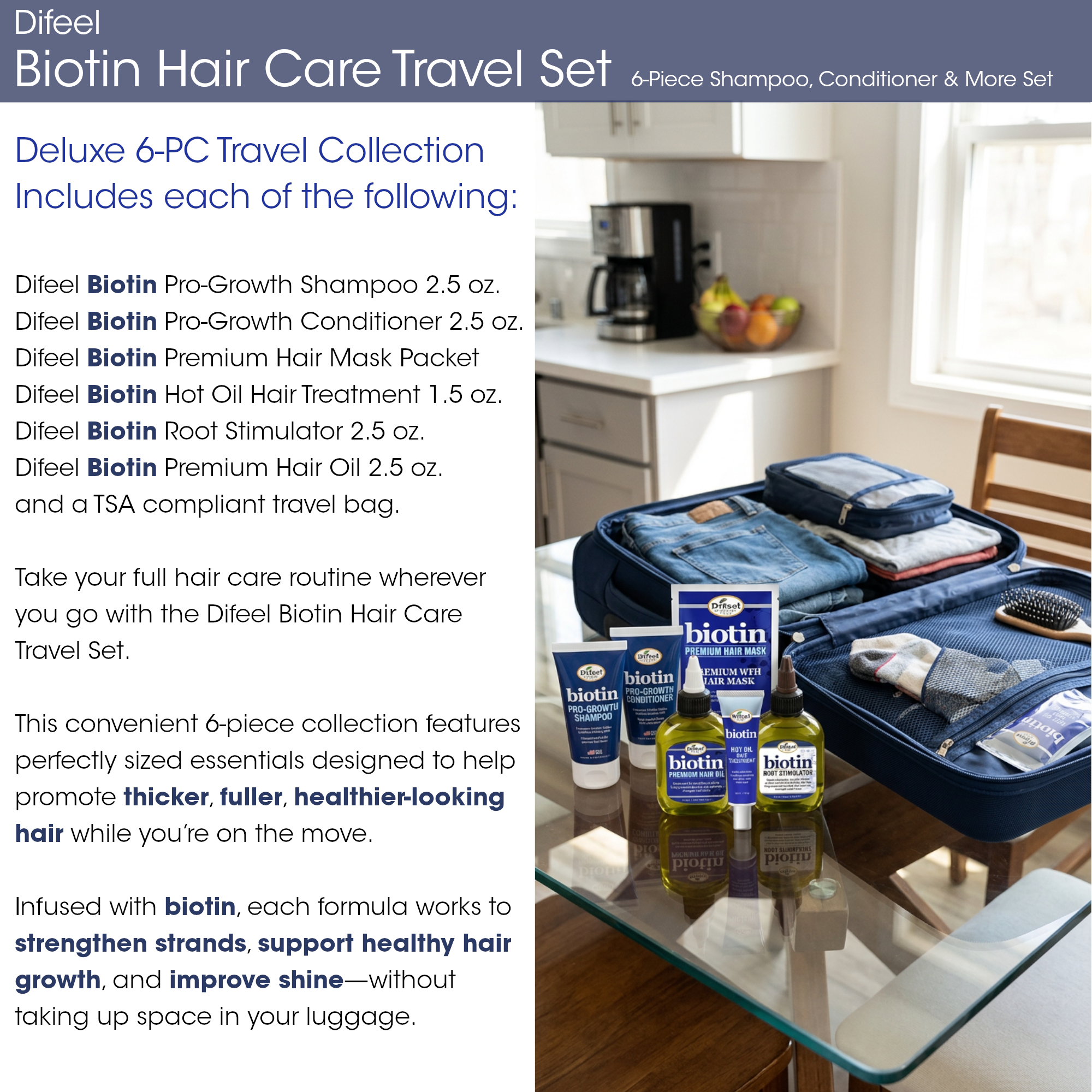 Difeel Biotin Hair Care Travel Set - 6-Piece Shampoo, Conditioner & More Set