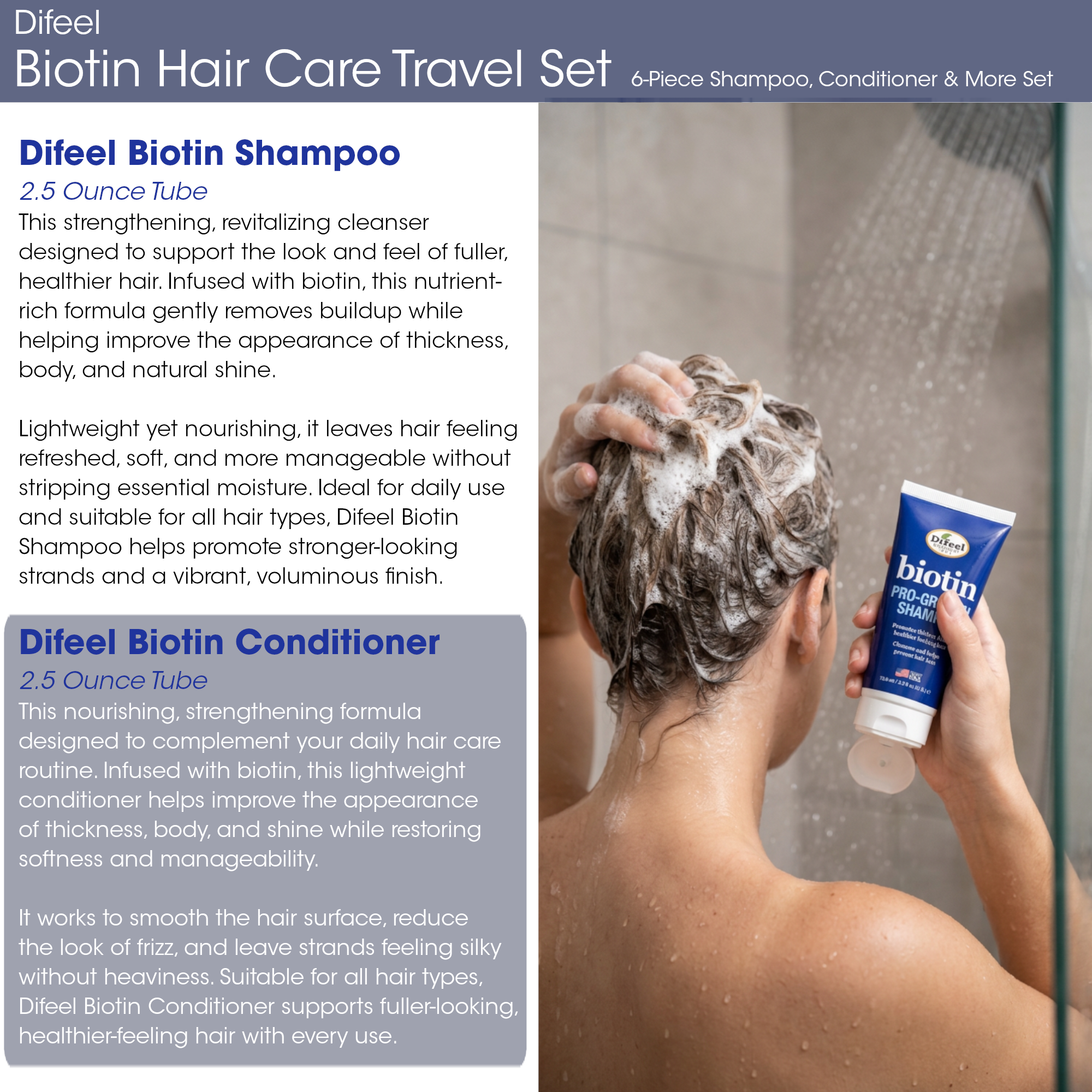 Difeel Biotin Hair Care Travel Set - 6-Piece Shampoo, Conditioner & More Set