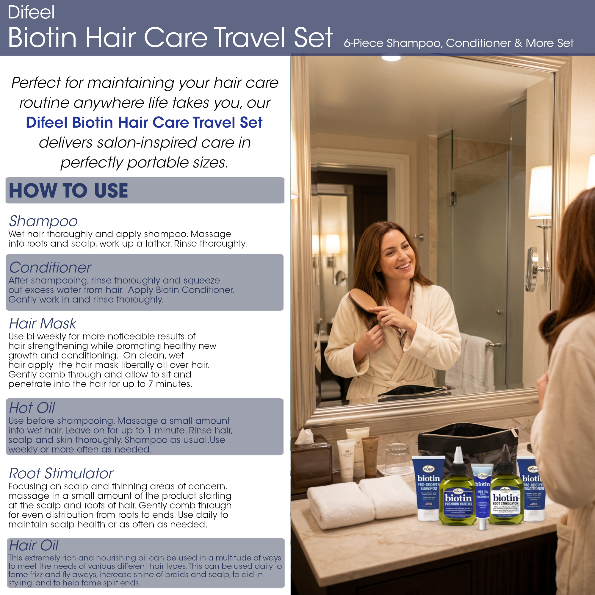 Difeel Biotin Hair Care Travel Set - 6-Piece Shampoo, Conditioner & More Set