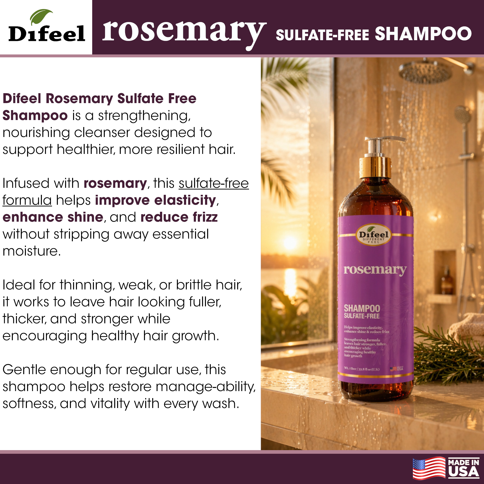 Difeel Rosemary Sulfate Free Shampoo 33.8 Ounce