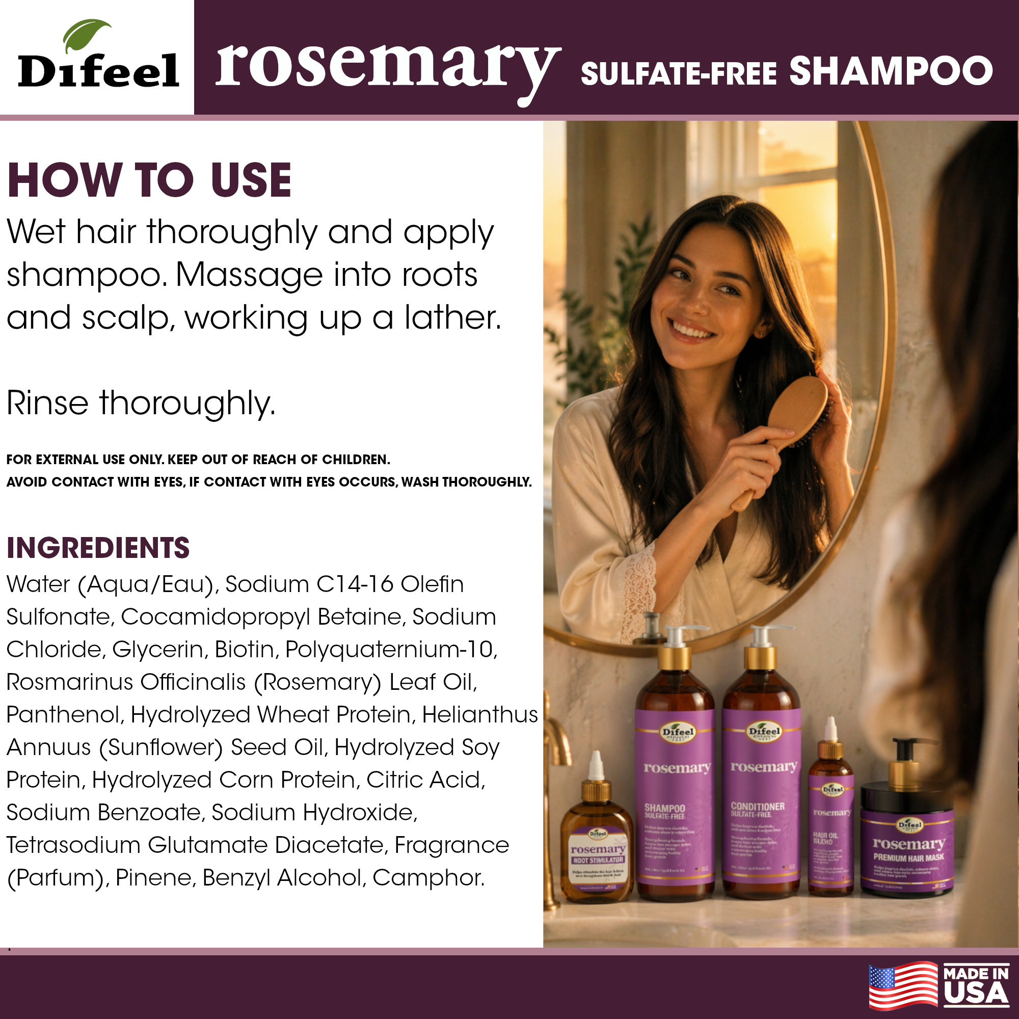 Difeel Rosemary Sulfate Free Shampoo 33.8 Ounce