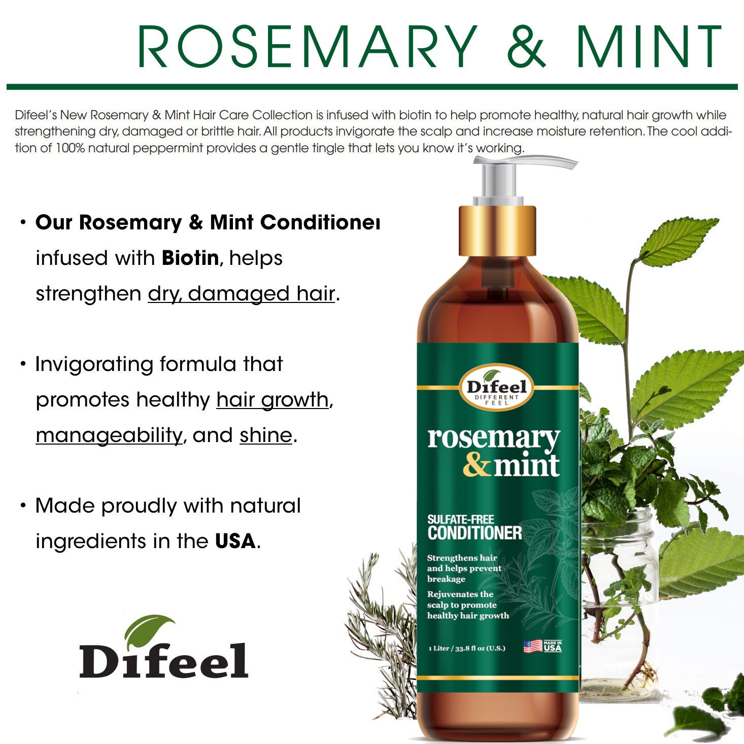 Difeel Rosemary and Mint Hair Strengthening Conditioner with Biotin 33.8 oz.