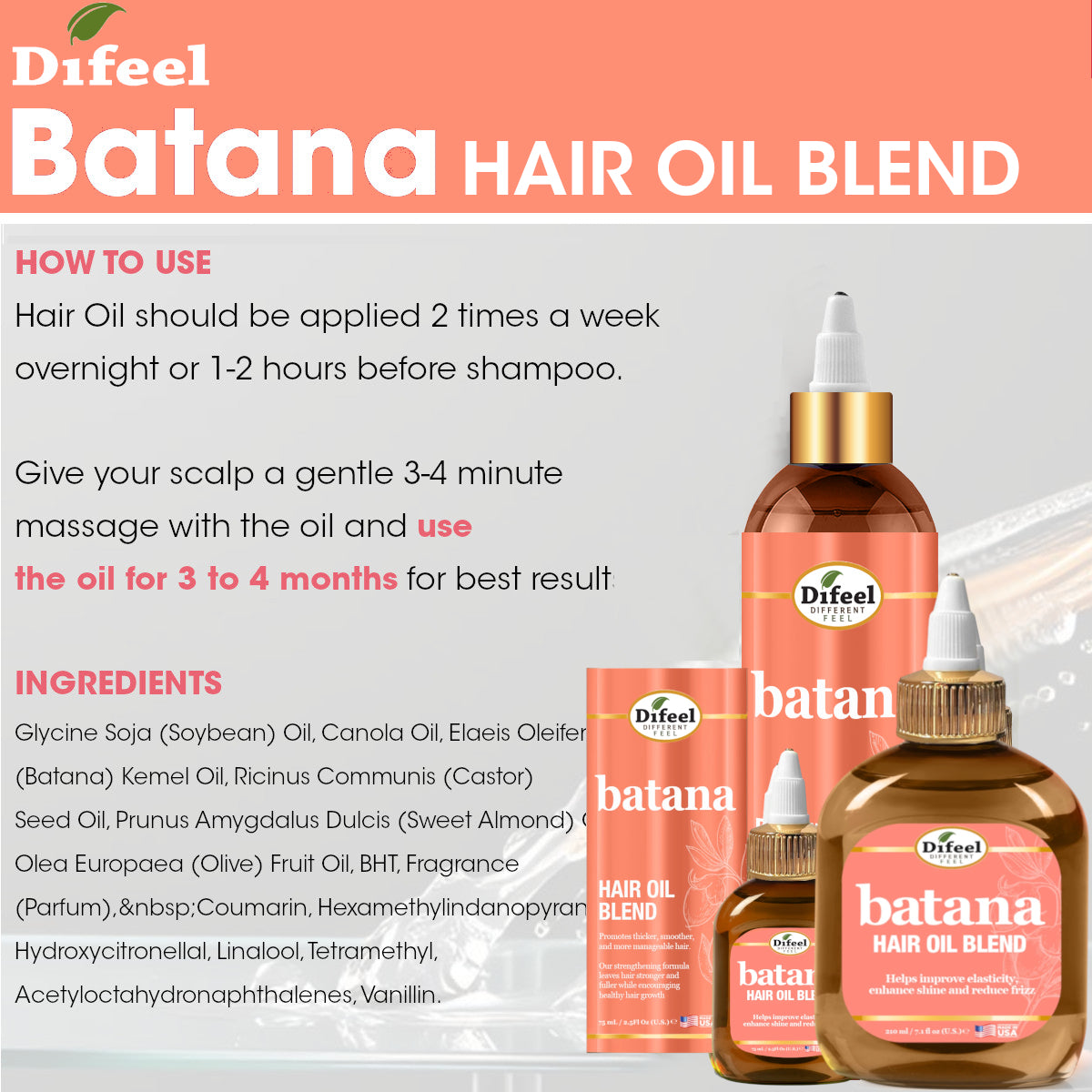 Difeel Batana Hair Oil Blend 2.5 Ounce (Travel Size)