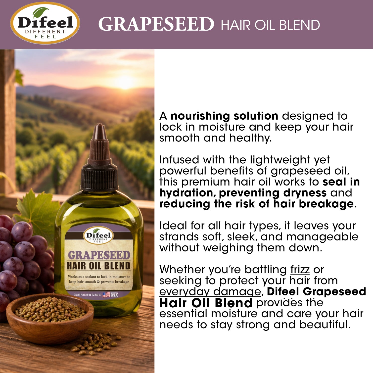 Difeel Grapeseed Hair Oil Blend 2.5 oz.