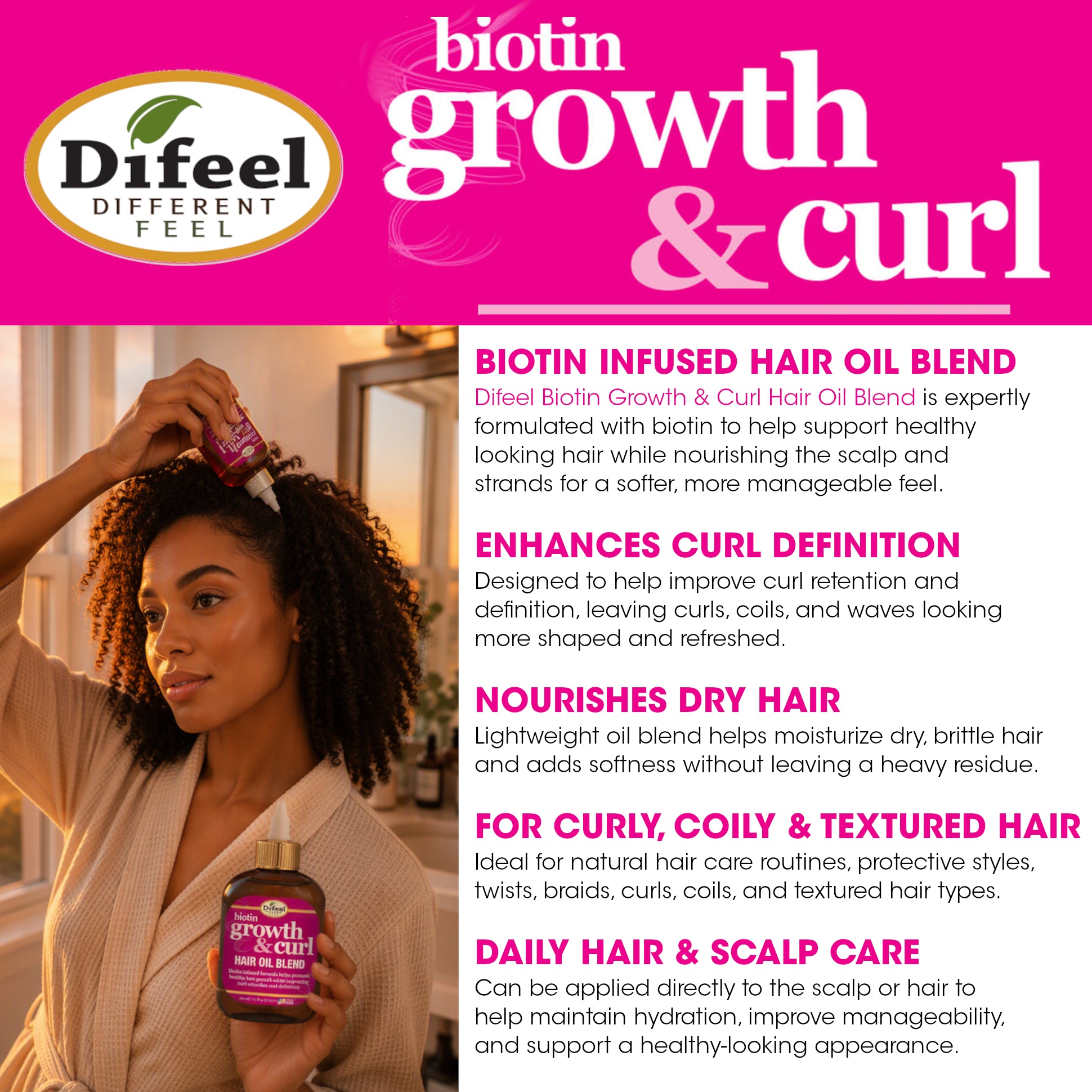 Difeel Biotin Growth and Curl Hair Oil Blend 7.1 oz.