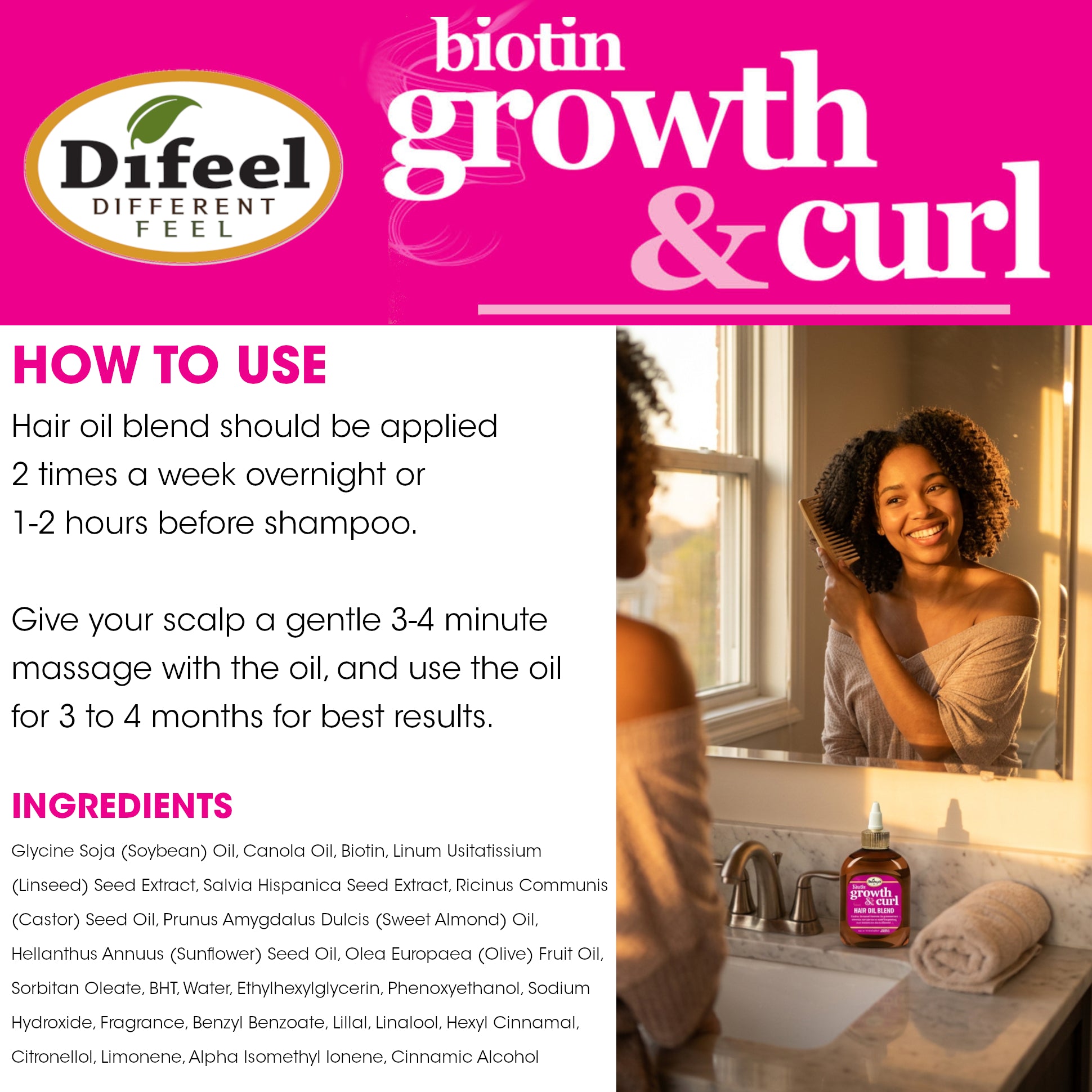 Difeel Biotin Growth and Curl Hair Oil Blend 7.1 oz.