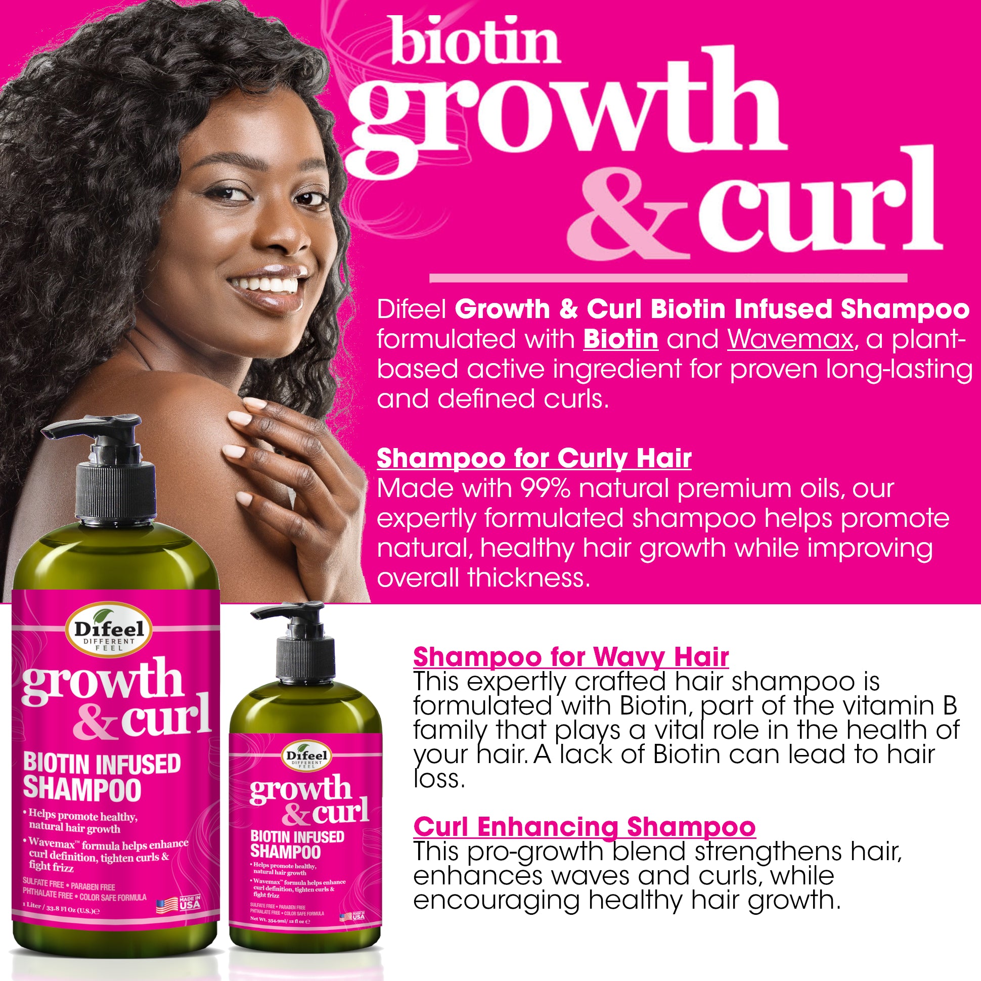 Difeel Growth and Curl Biotin Shampoo 12 oz.