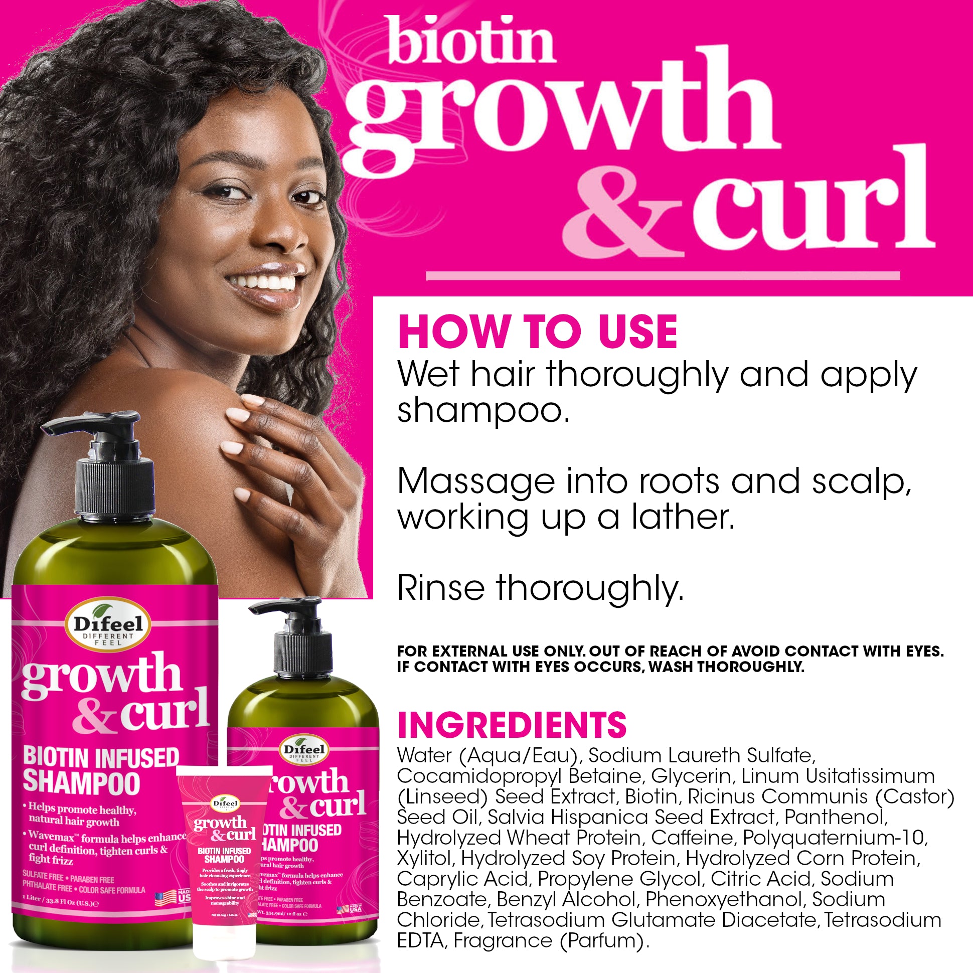 Difeel Growth and Curl Biotin Shampoo 12 oz.